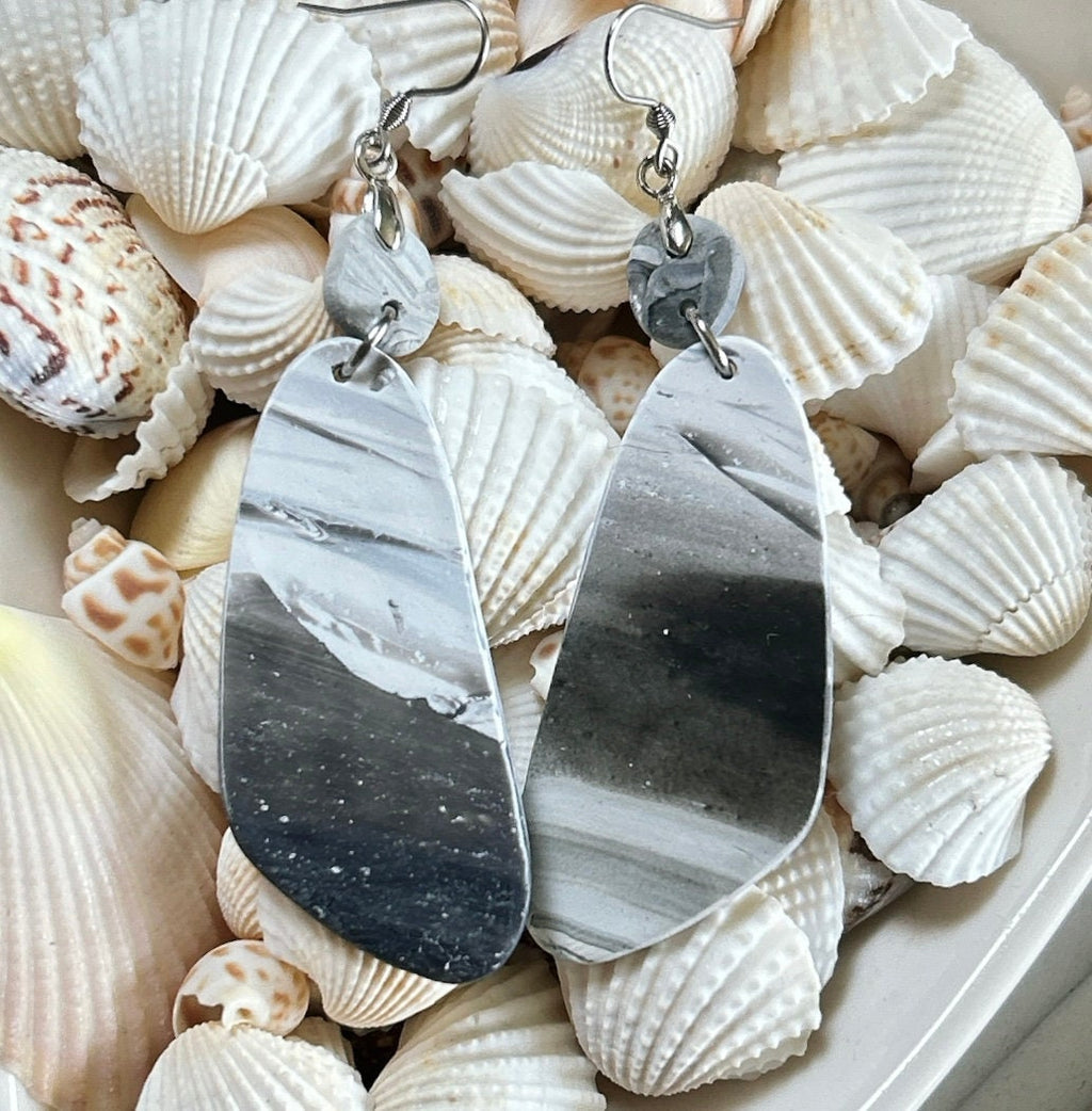 Marbled Clay Dangle Earrings: Gray Black White Boho Jewelry