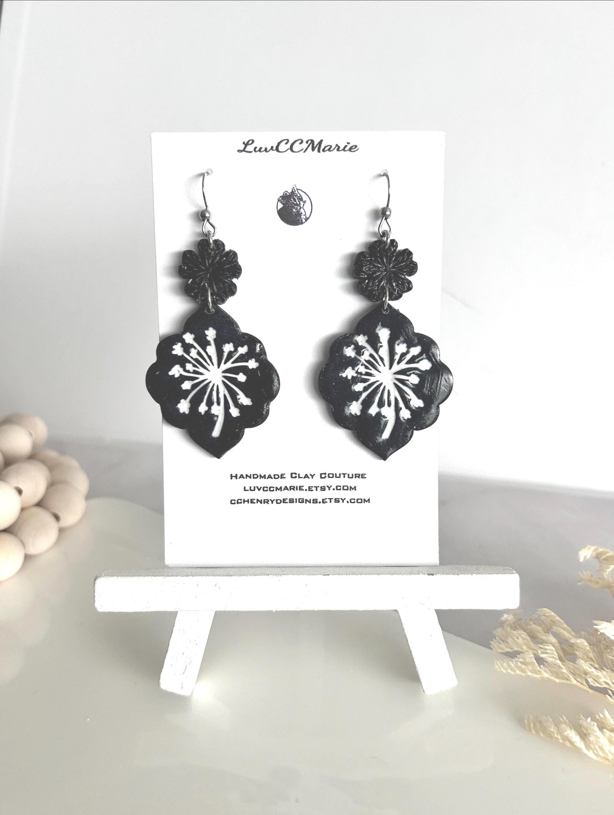 Black Dandelion Statement Earrings, White Floral Clay Dangles, Handmade Jewelry Gift for Her