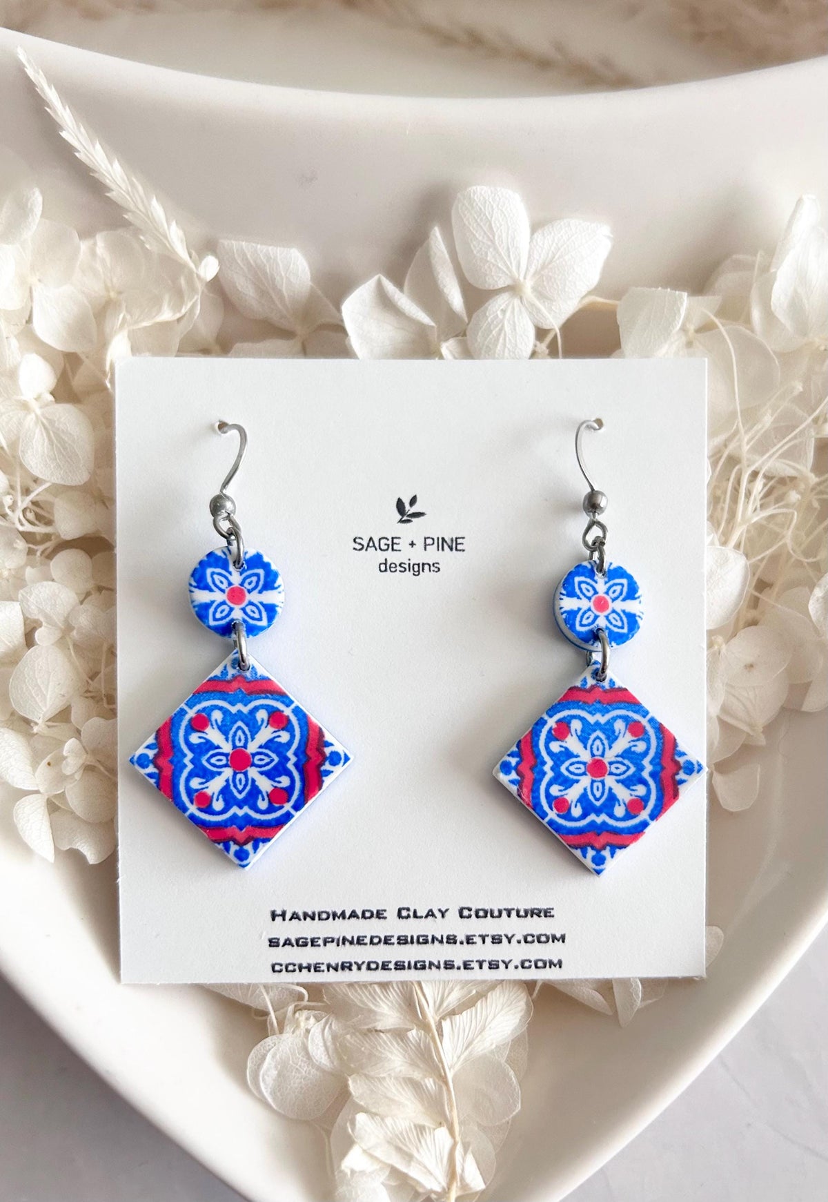 Cobalt Blue Tile 4th of July Earrings, Greek Dangles, Handmade Boho Clay Jewelry