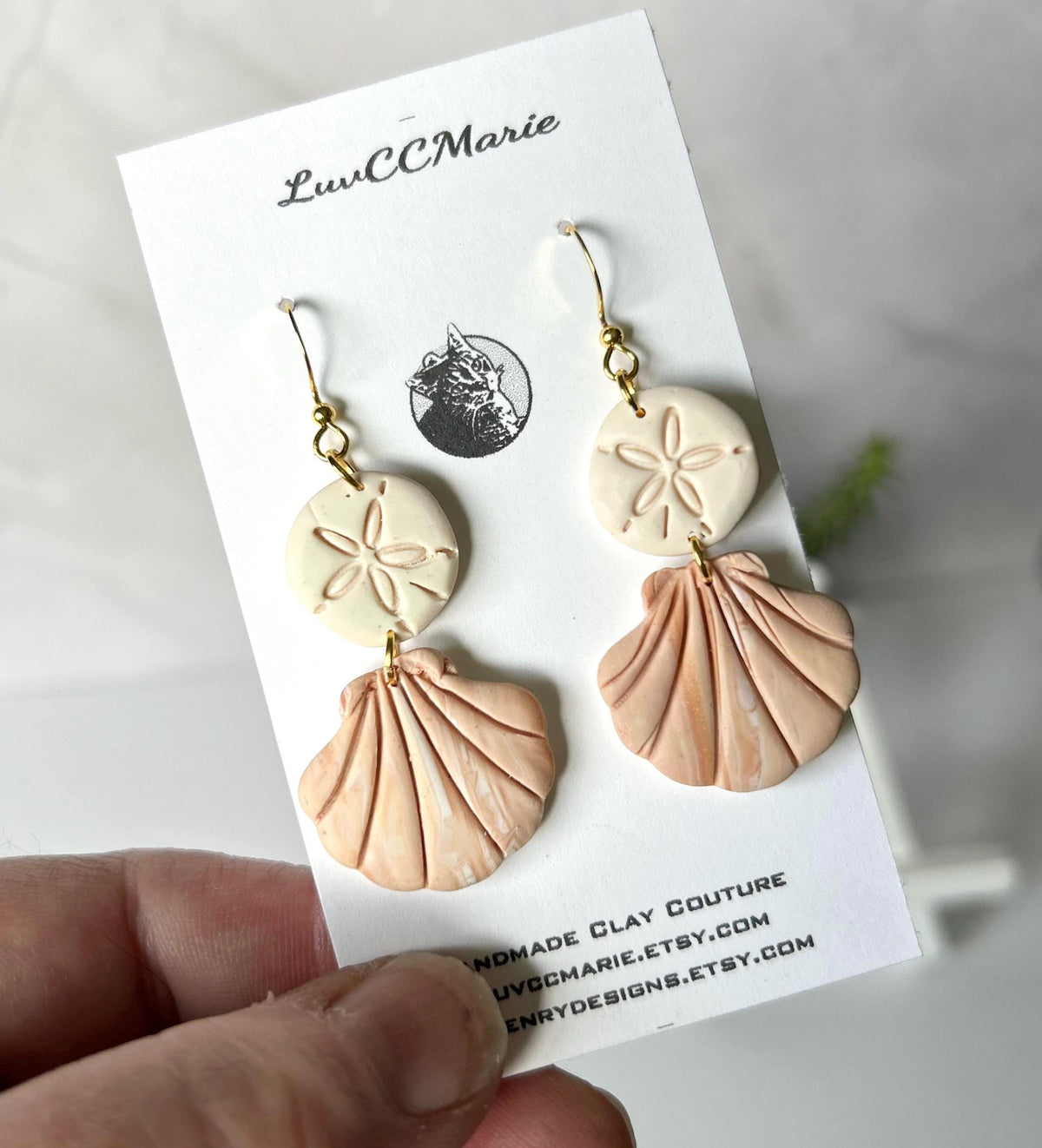 Handmade Clay Coastal Earrings, White Shell Sand Dollar Dangles, 18k Gold Vacation Jewelry