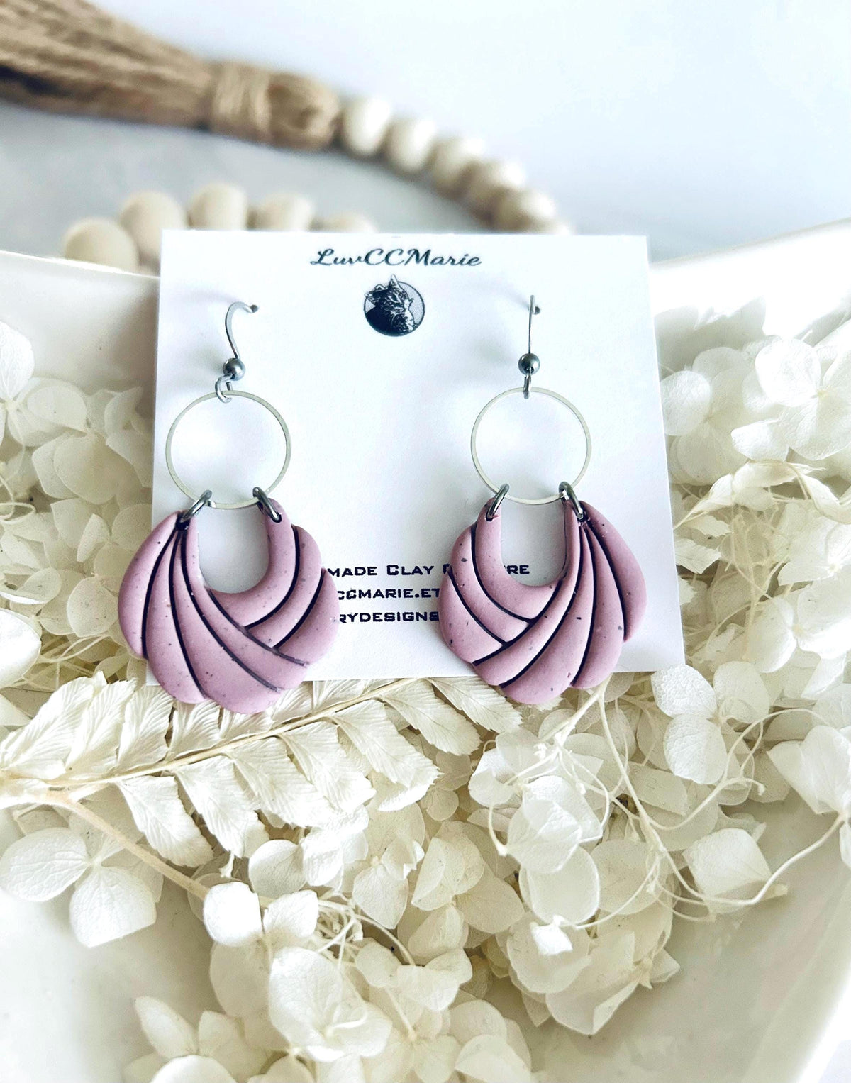 Dusty Pink Handmade Clay Dangle Earrings, Hoop Charm Dangles, Everyday Jewelry