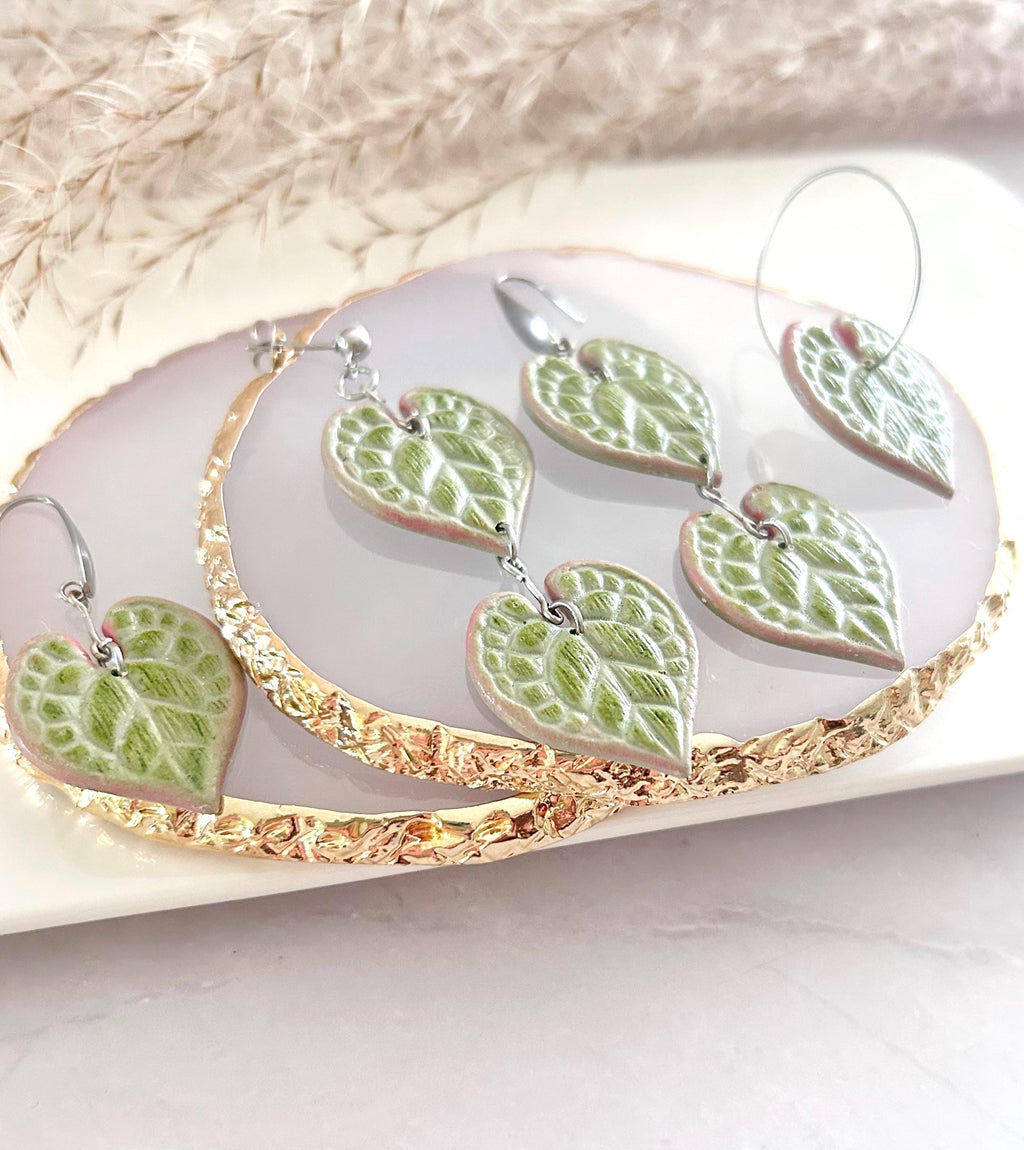 String of Hearts Leaf Earrings, Olive Pink Leaf Dangles, Clay Drop Houseplant Jewelry