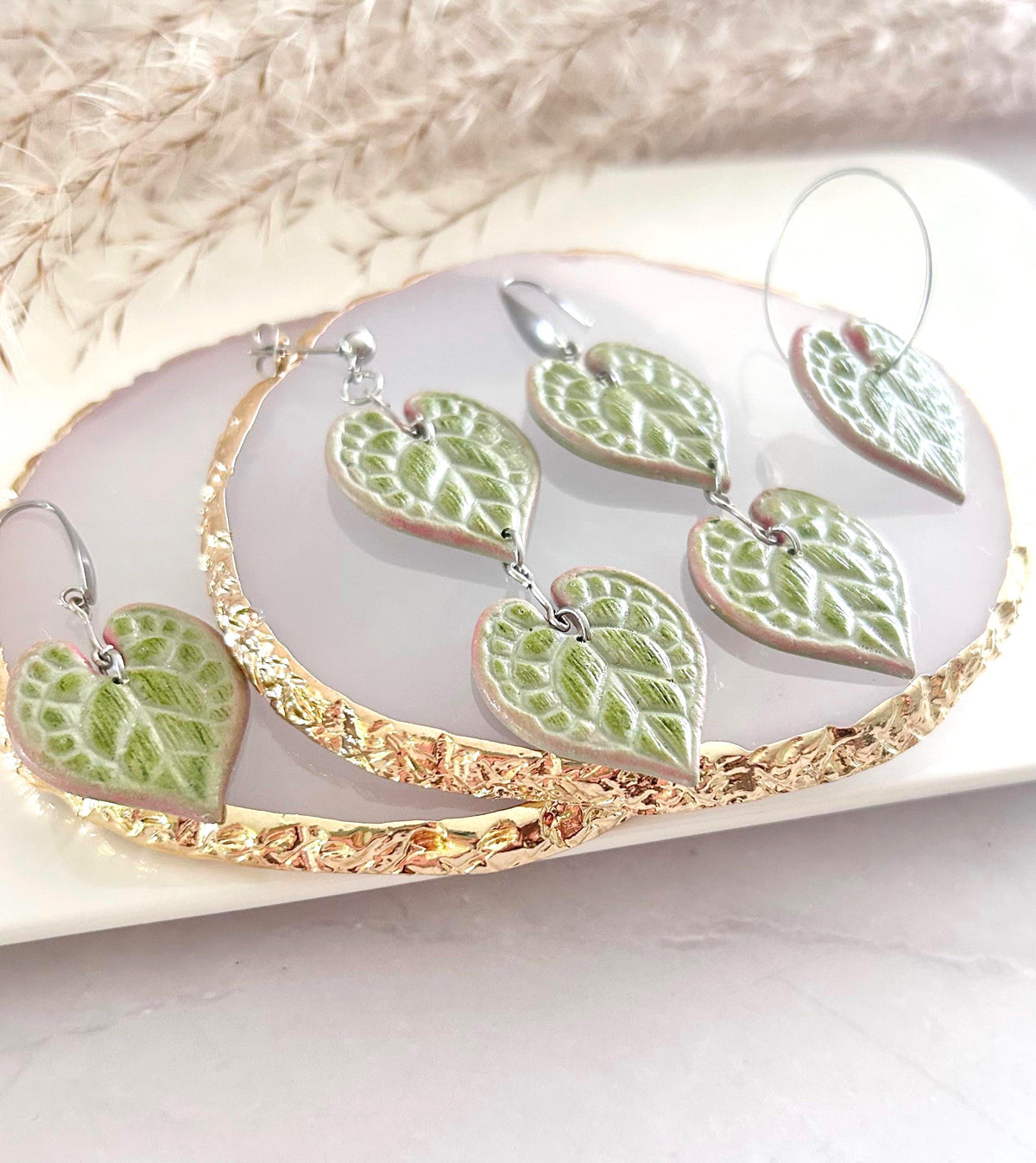 String of Hearts Leaf Earrings, Olive Pink Leaf Dangles, Clay Drop Houseplant Jewelry