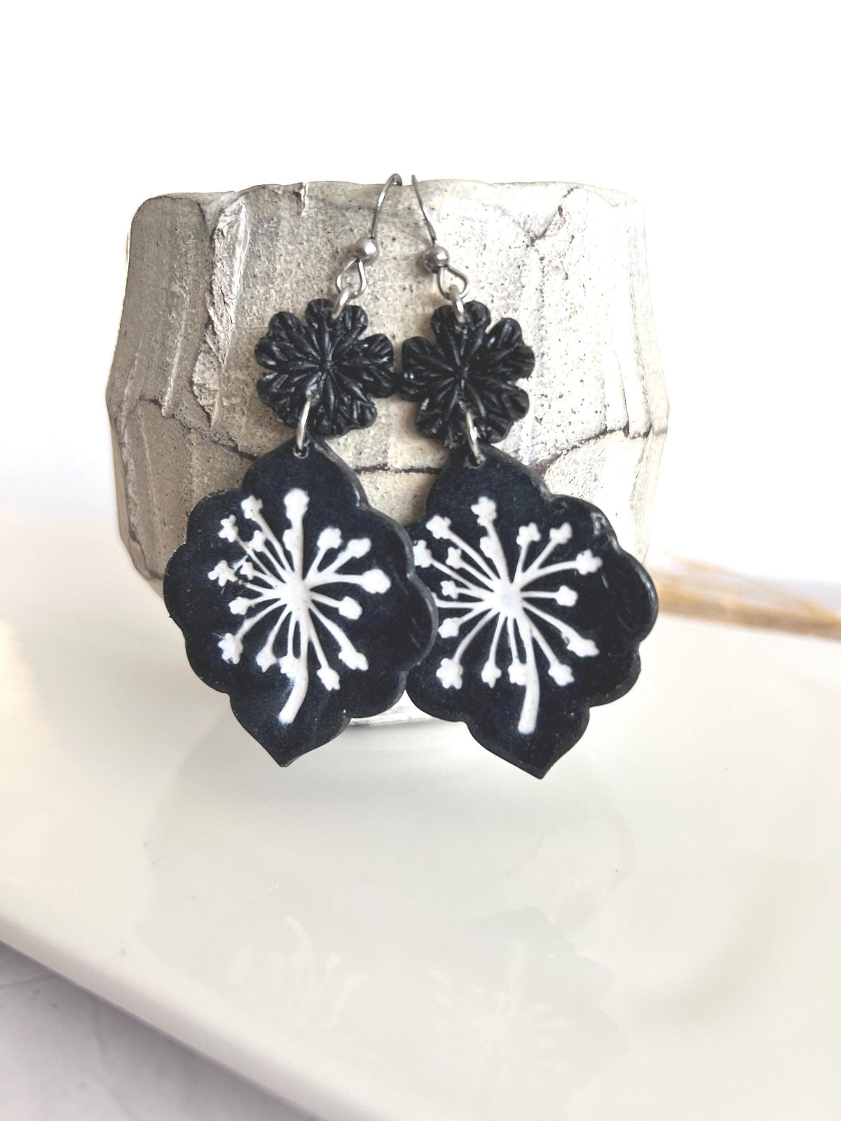 Black Dandelion Statement Earrings, White Floral Clay Dangles, Handmade Jewelry Gift for Her