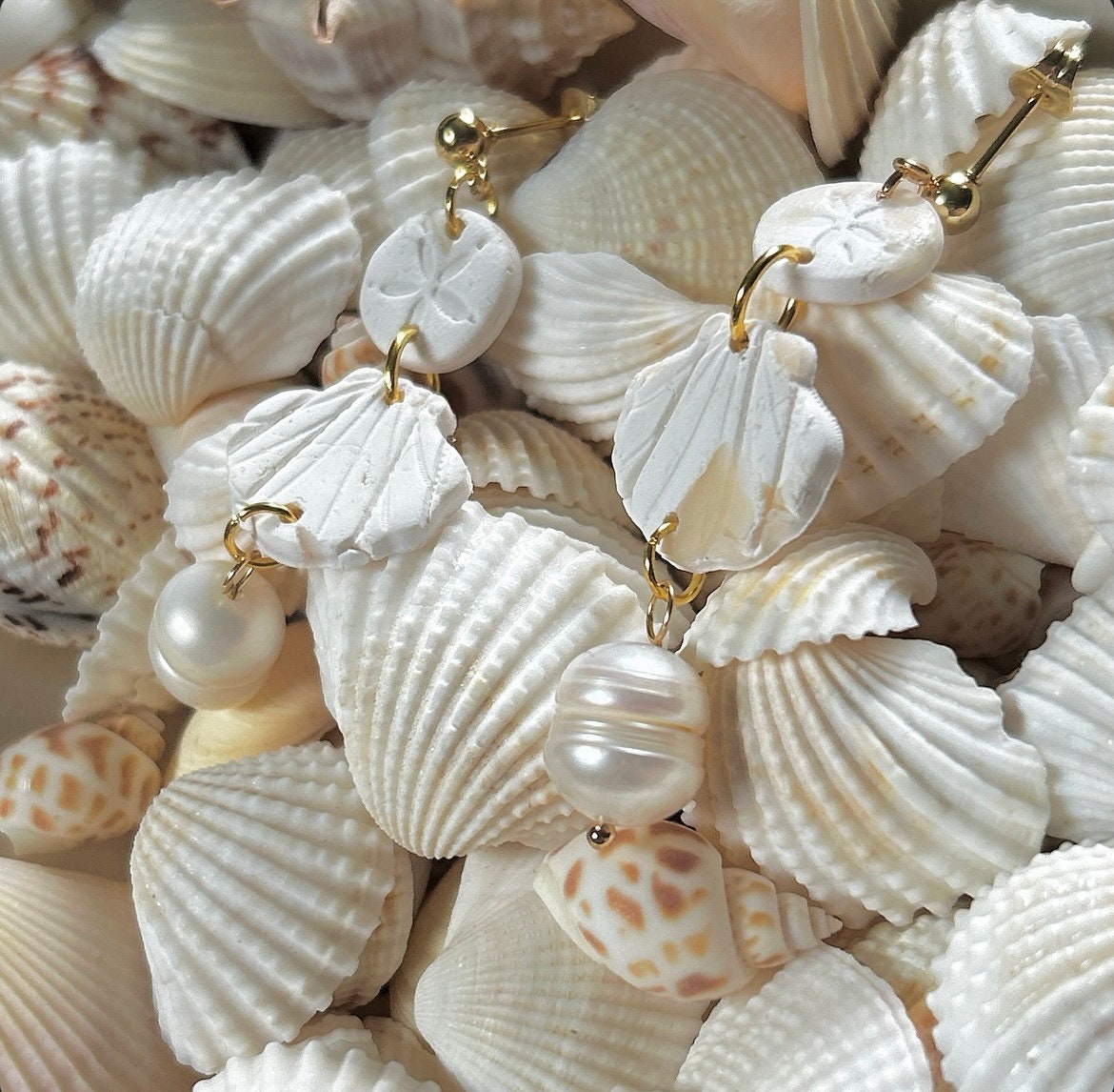 Sea Shell Earrings Clay Dangles, Seashell, Sand Dollar & Pearl Handmade Fashion Boho Jewelry