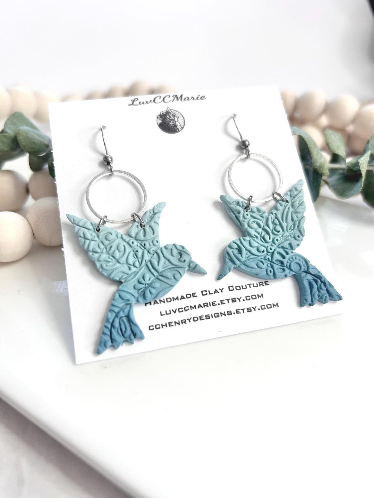 Hummingbird Earrings, Polymer Clay Hoop Dangles, Light Blue Statement Ombre Handmade Boho Jewelry Gift