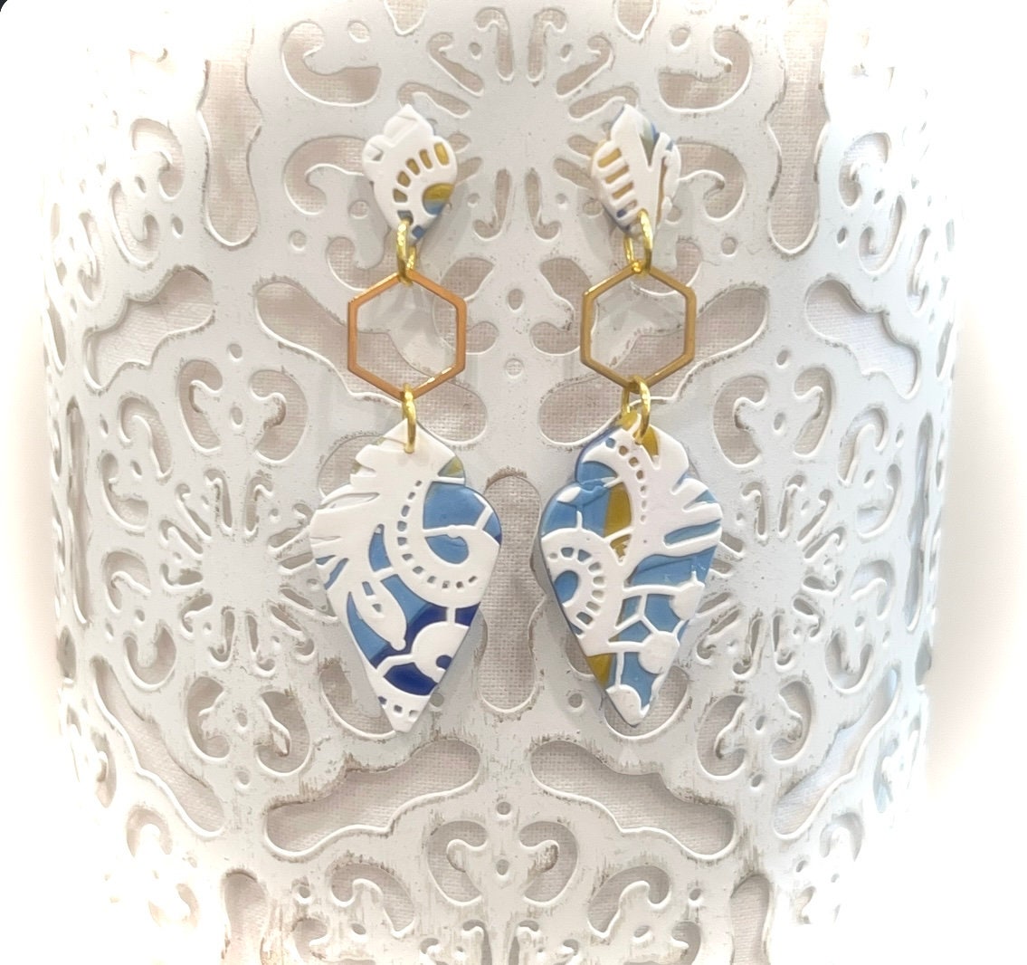 White Lace Clay Earrings, Navy Blue & Gold Dangles, Handmade Wedding Gift for the Bride
