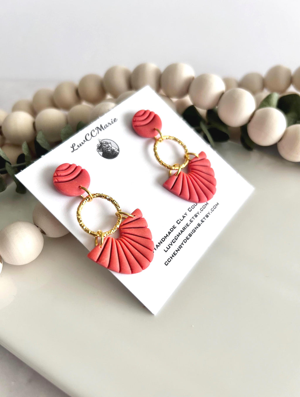 Handmade Coral Clay Dangle Earrings, Gold Hoop, Greek Style Vacation Gift For Women