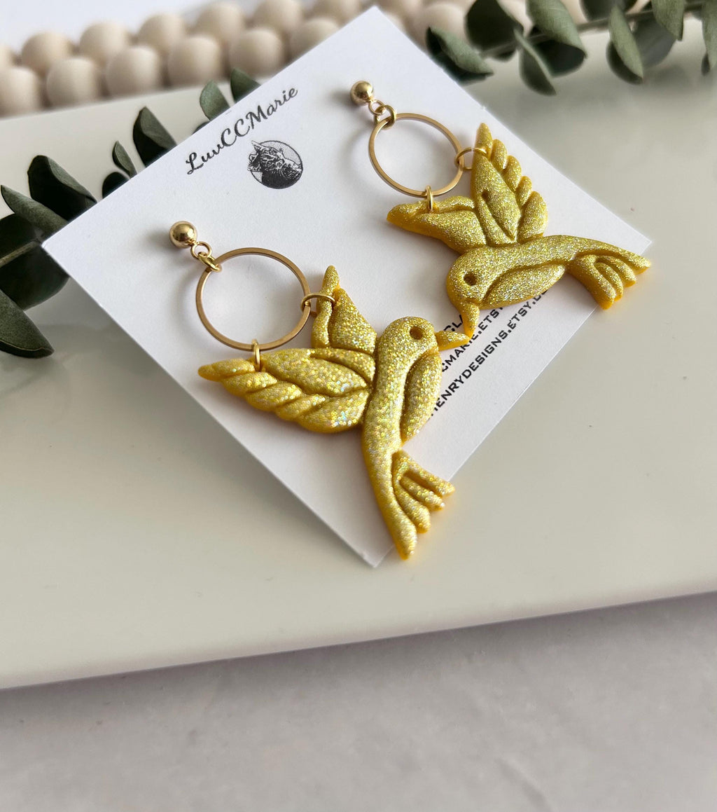 Hummingbird Earrings, Polymer Clay Bird Jewelry, Yellow Summer Garden Gift