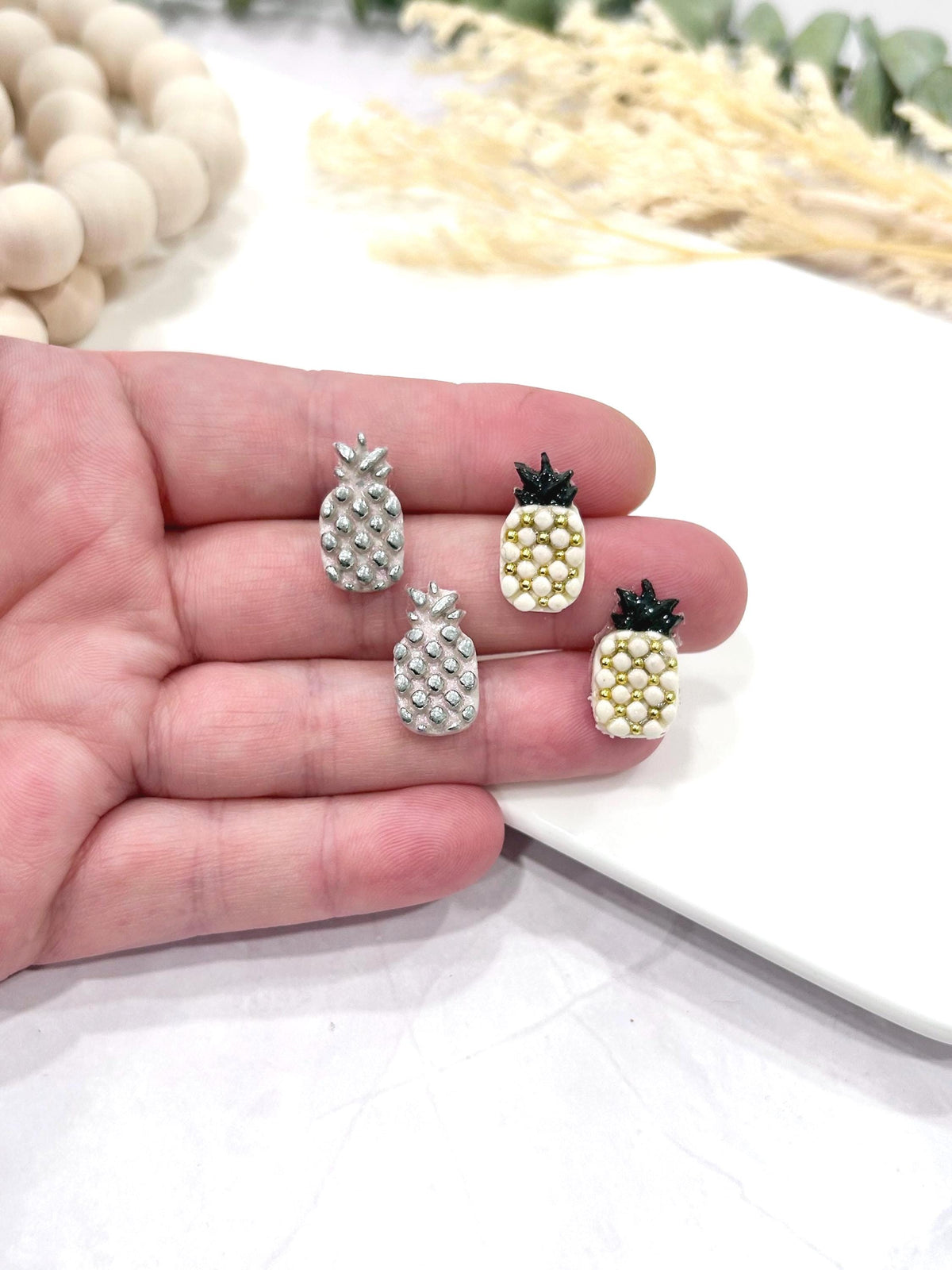 Pineapple Studs, Black and White Post Earrings, Handmade Clay Modern Jewelry
