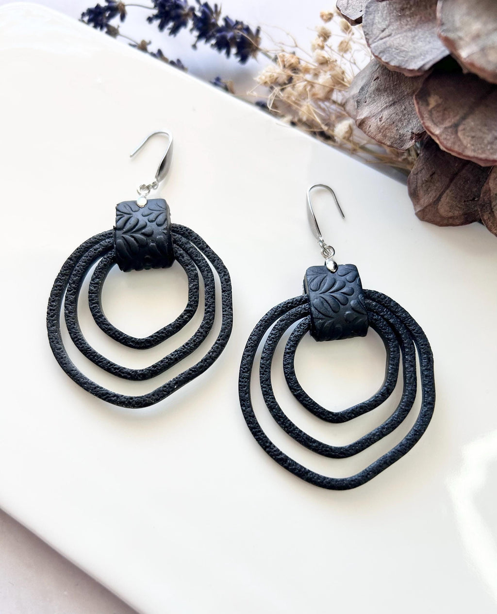 Black Silver Drop Hoops, Large Thin Hoop Dangles, Lightweight Clay Handmade Earrings, Stainless Steel