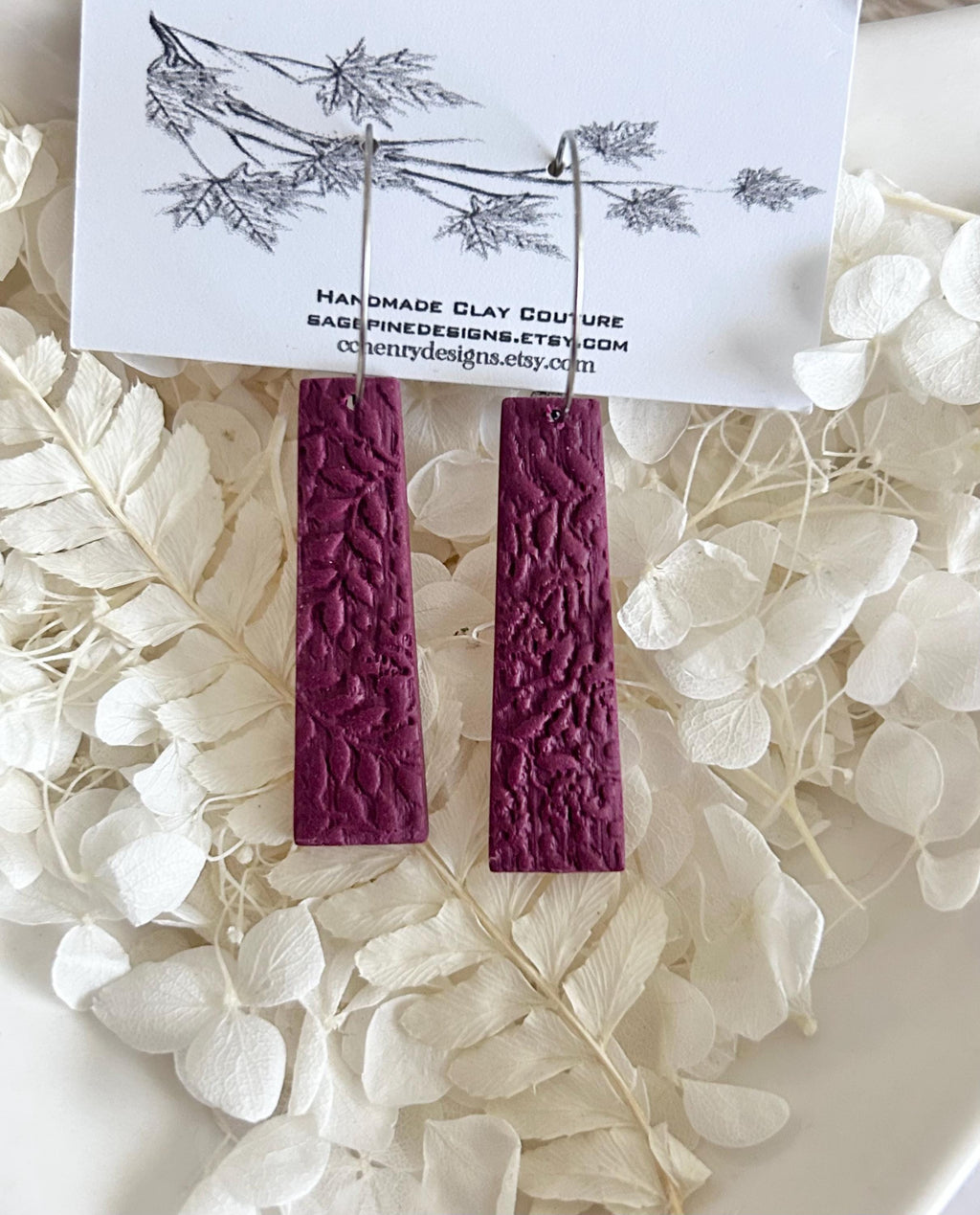Gold & Burgundy Clay Earrings, Floral Vine Embossed Dangles, Handmade Fashion Boho Jewelry