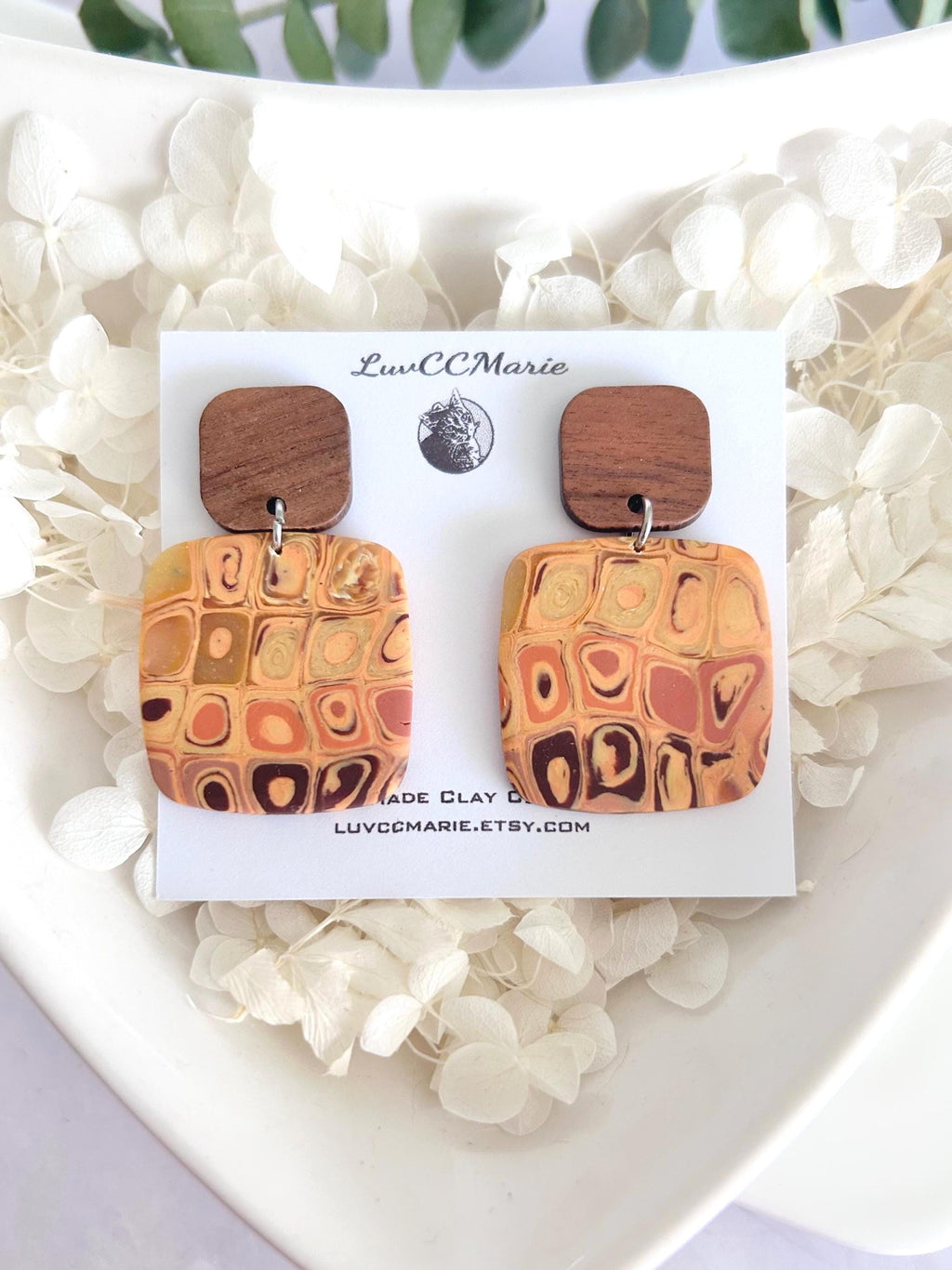 Boho Clay and Wood Stud Earrings: Mustard Yellow Retro Square Dangles