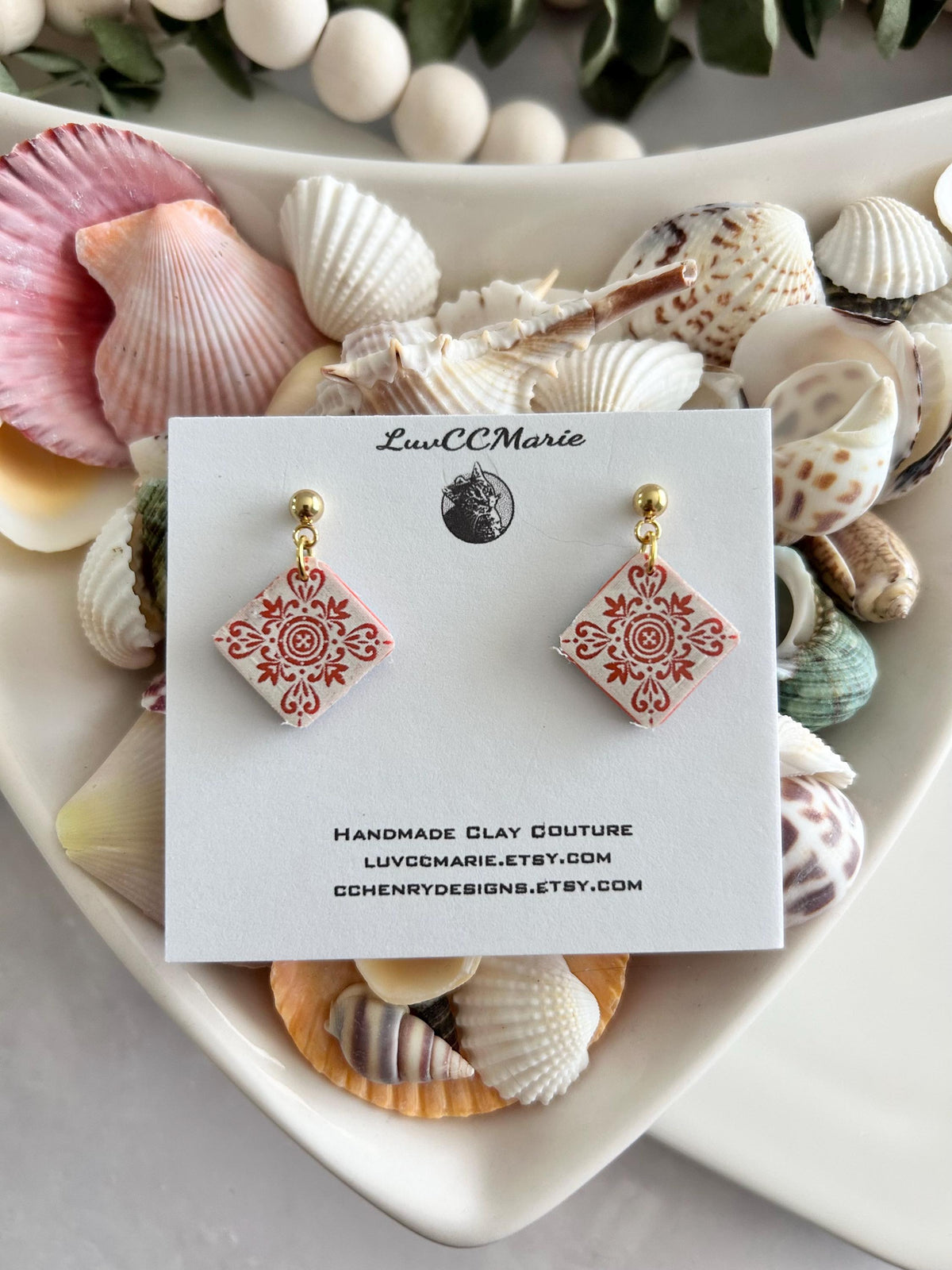 Coral Tile Clay Earrings: Hand-Painted Boho Dangle Jewelry