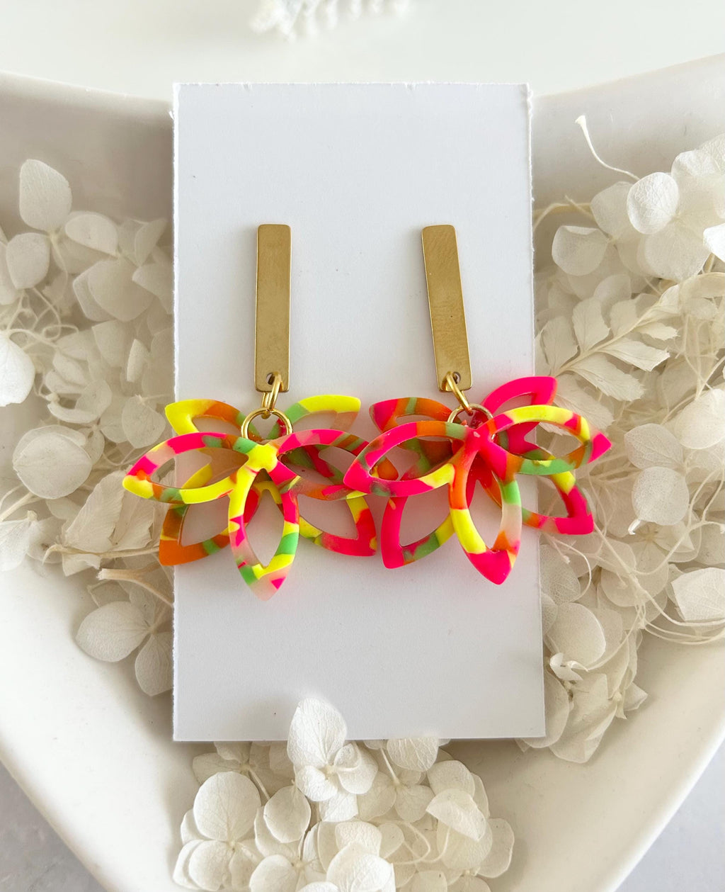 Neon Flower Clay Earrings, Fluorescent Rainbow Lotus Dangles, Geometric Floral Handmade Boho Jewelry Gift