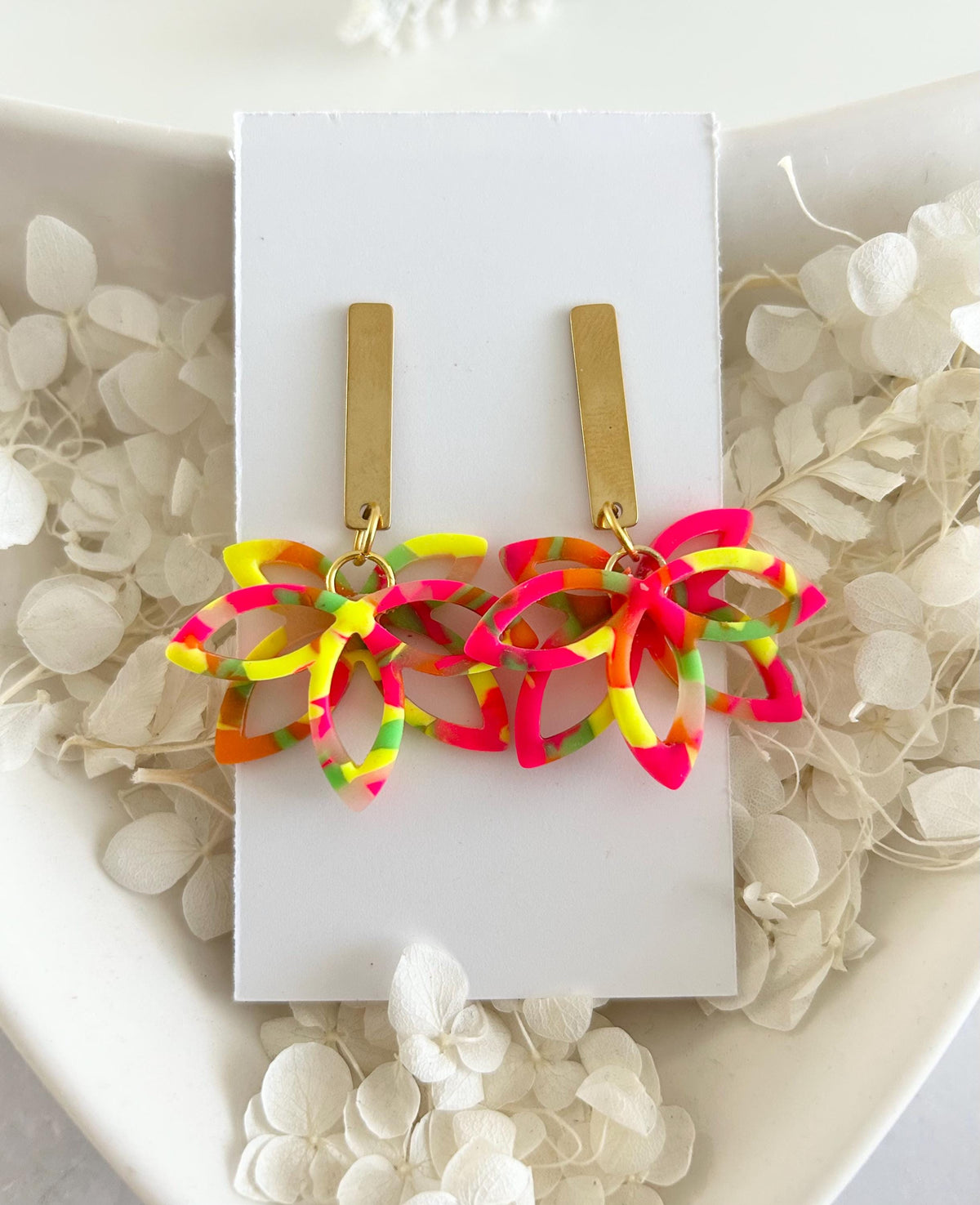 Neon Flower Clay Earrings, Fluorescent Rainbow Lotus Dangles, Geometric Floral Handmade Boho Jewelry Gift