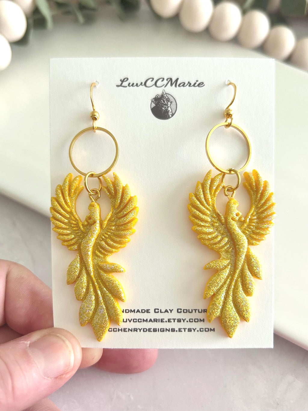 Iridescent Firebird Dangle Earrings, Handmade Clay Phoenix Dangles, Gold Glitter Statement Jewelry