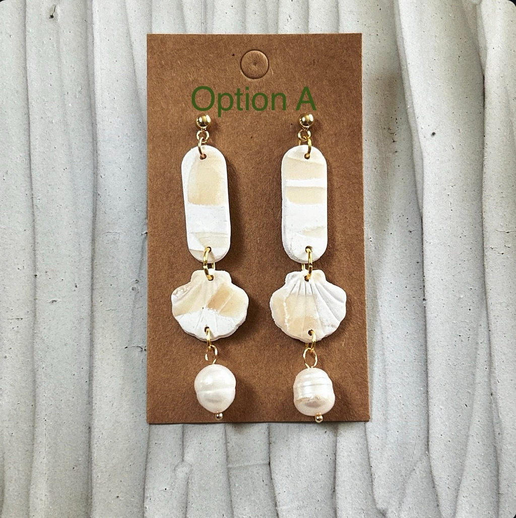 Seashell Earrings, Cream and White Clay Dangles, Coastal Beach Vacation Handmade Jewelry
