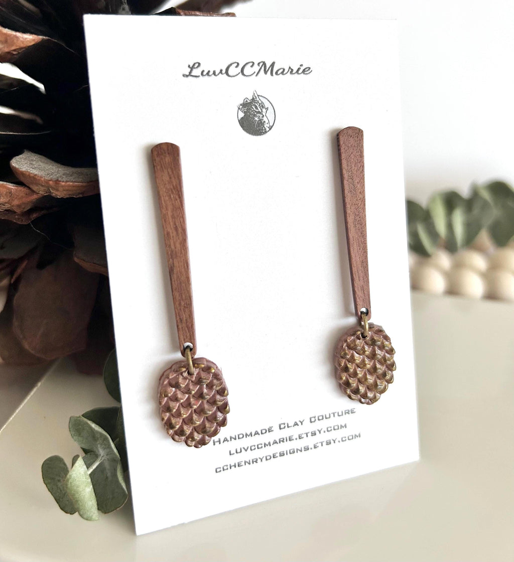 Pine Cone Clay Earrings, Wood Bar Drop Dangles, Handmade Lightweight Boho Jewelry
