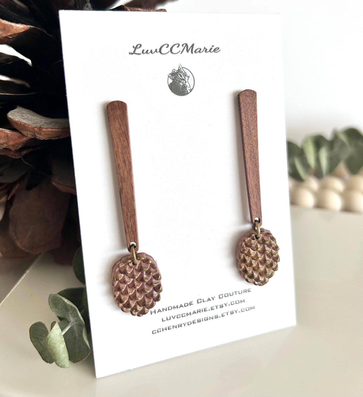Pine Cone Clay Earrings, Wood Bar Drop Dangles, Handmade Lightweight Boho Jewelry