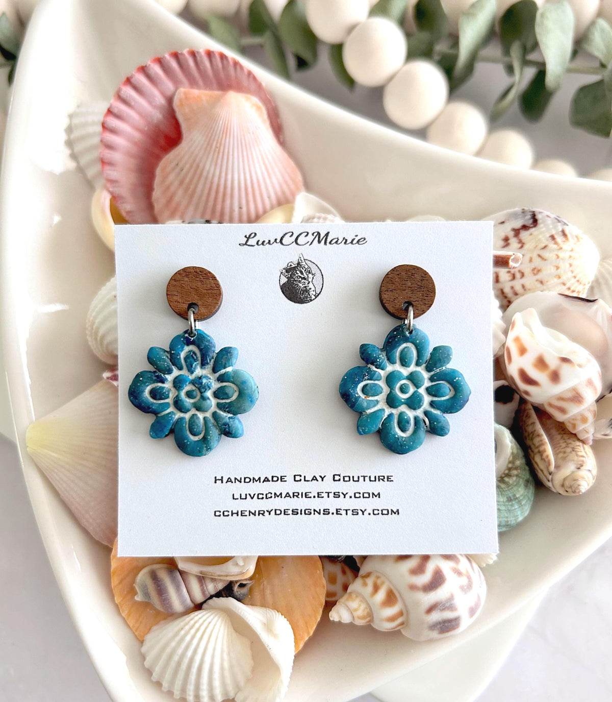 Teal & White Santorini Tile Clay Earrings, Boho Flower Mediterranean Dangles