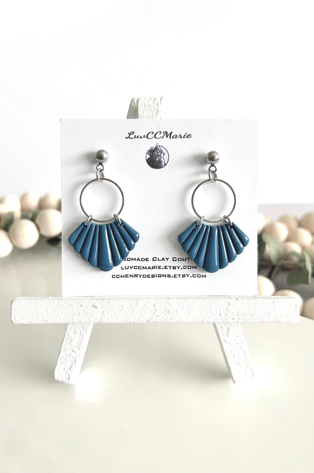 Teal Blue and Silver Dangle Earrings, Handmade Clay Hoop Dangles, Coastal Vacation Jewelry Gift