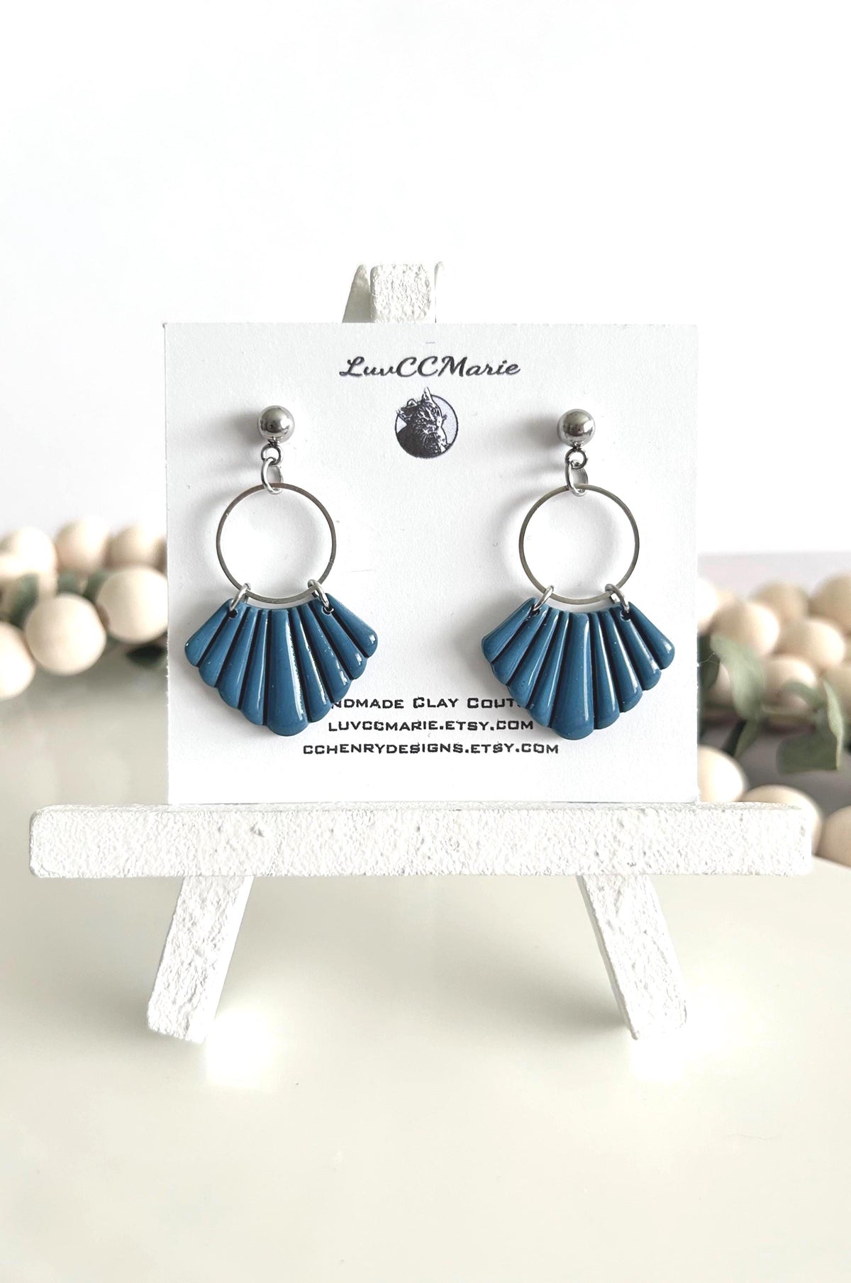 Teal Blue and Silver Dangle Earrings, Handmade Clay Hoop Dangles, Coastal Vacation Jewelry Gift