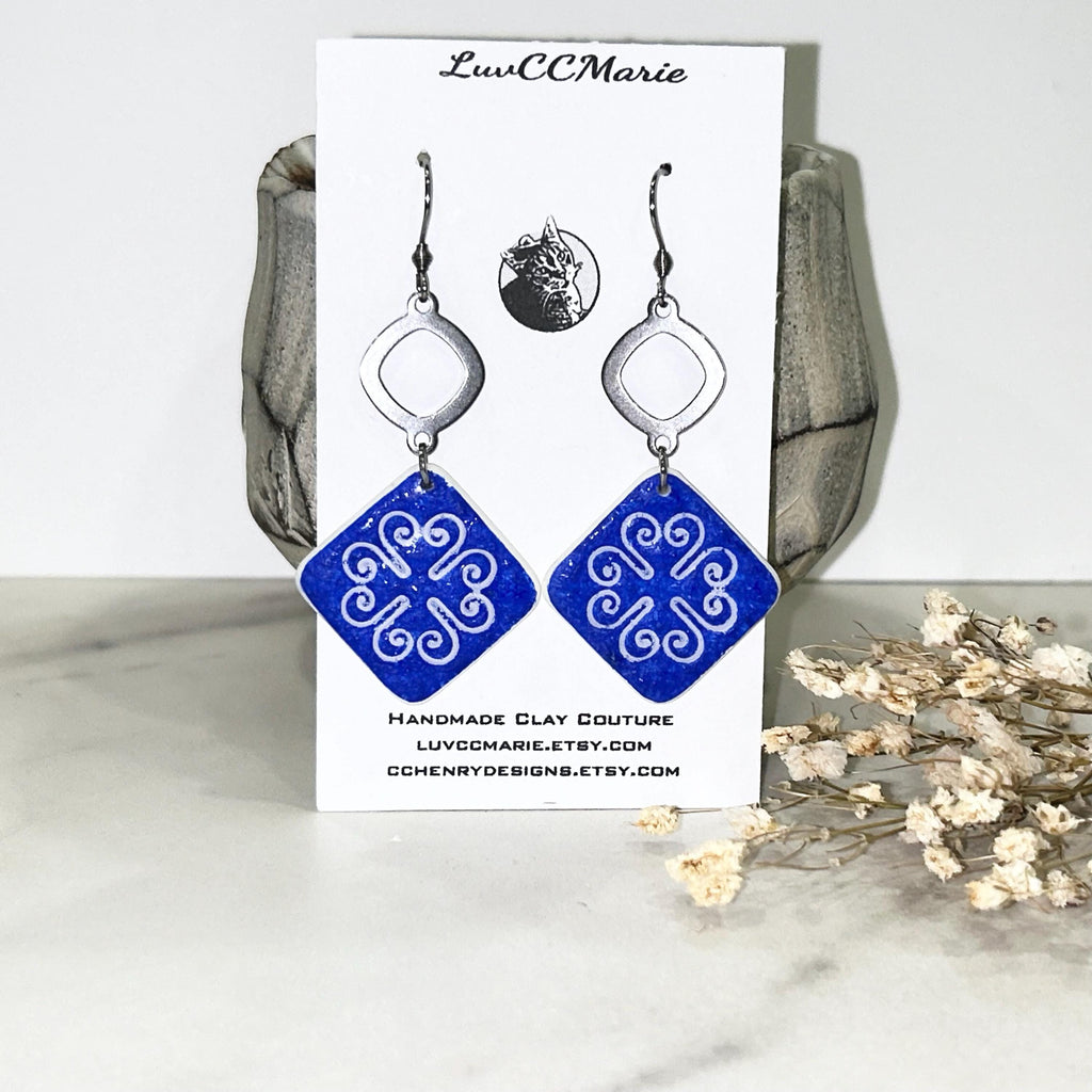 Square Cobalt Tile Talavera Earrings, Santorini Delft Blue Dangles, Handmade Boho Clay Jewelry