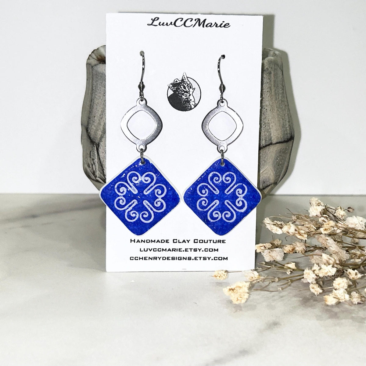 Square Cobalt Tile Talavera Earrings, Santorini Delft Blue Dangles, Handmade Boho Clay Jewelry