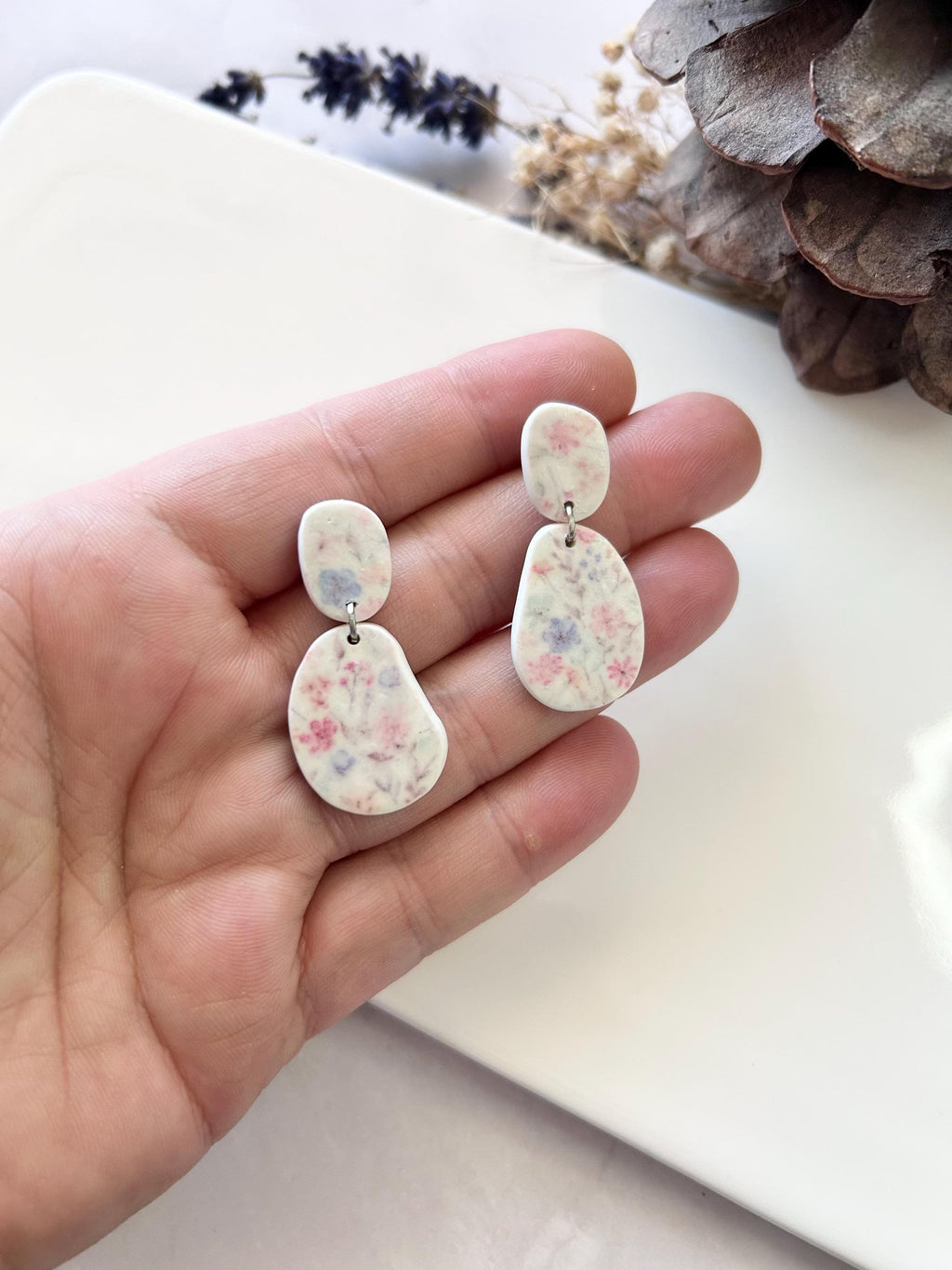 Pink and Blue Floral Earrings, Pastel Flower Clay Earrings, Stud Dangles, Handmade Jewelry