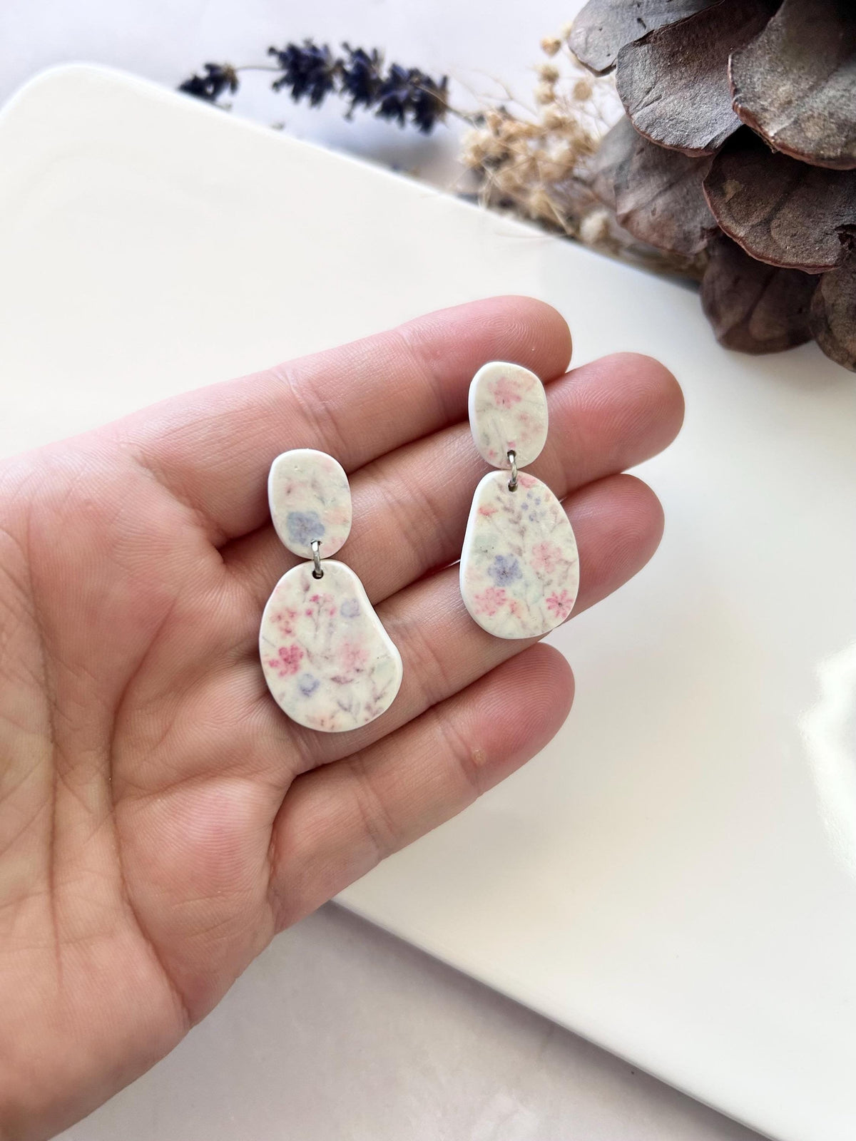 Pink and Blue Floral Earrings, Pastel Flower Clay Earrings, Stud Dangles, Handmade Jewelry