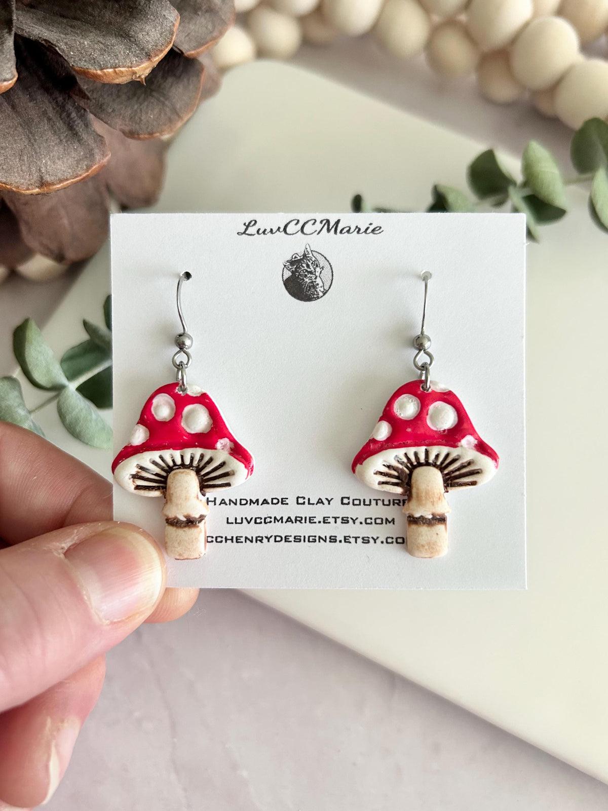 Mushroom Earrings, Polymer Clay Toadstool Polka Dot Whimsical Hand Painted Handmade Jewelry