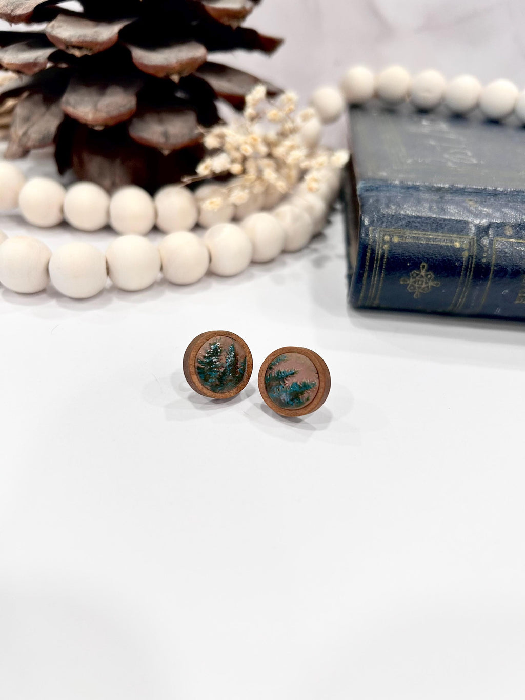 Handmade Pine Cone Stud Earrings: Wood & Clay Fall Boho Jewelry