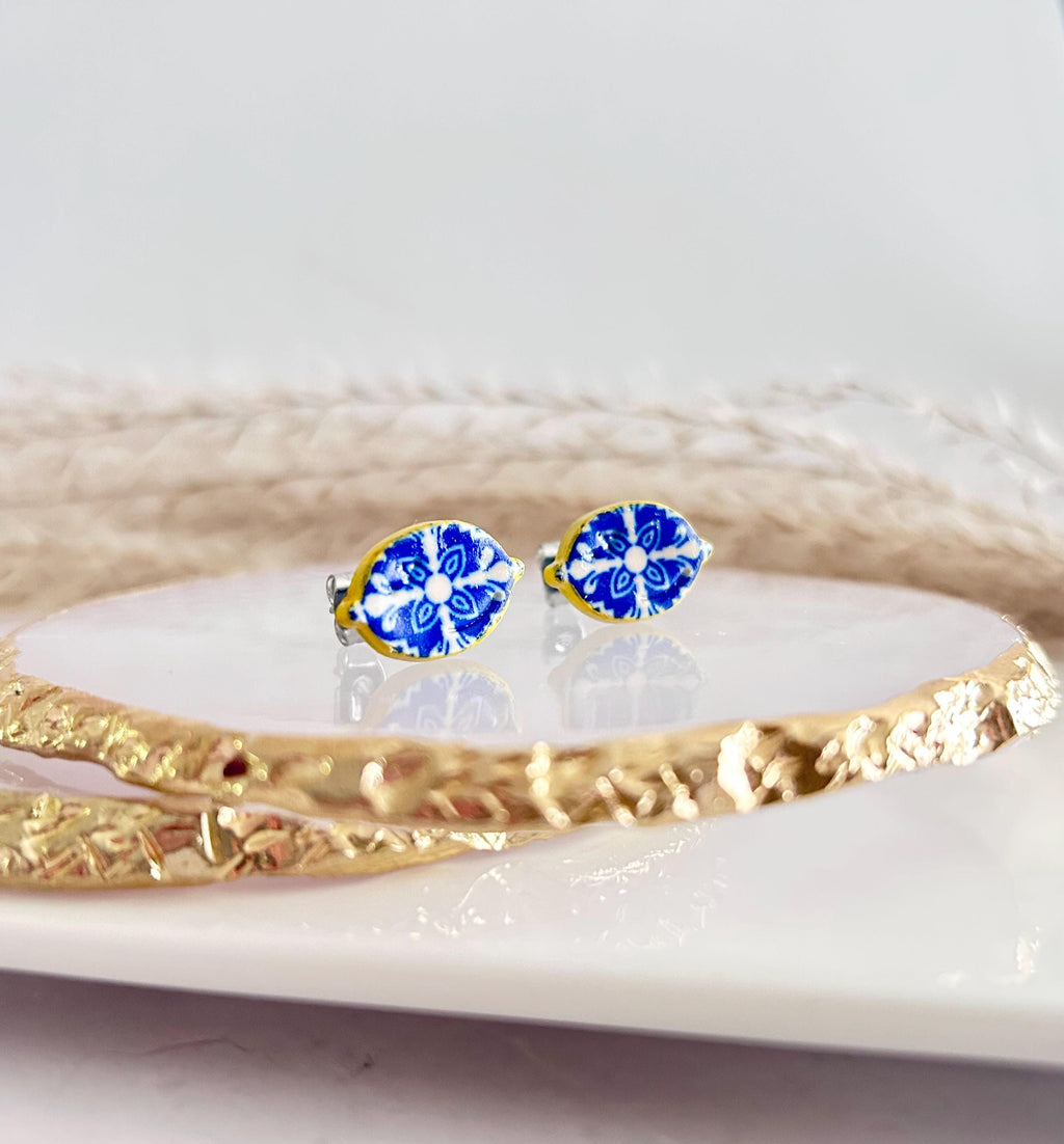 Handmade Lemon Santorini Tile Stud Earrings, Blue White Polymer Clay, Mediterranean Jewelry