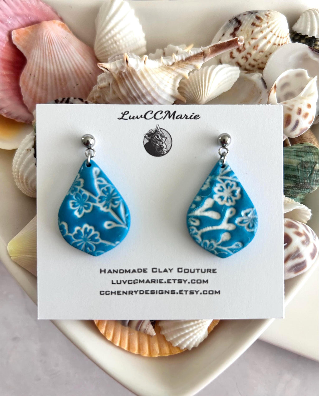 Teal Blue & White Dangle Earrings, Tile Clay Earrings, Boho Floral Dangles, Handmade Lightweight Jewelry