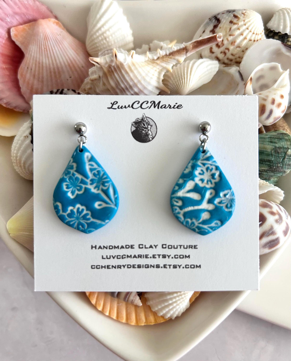 Teal Blue & White Dangle Earrings, Tile Clay Earrings, Boho Floral Dangles, Handmade Lightweight Jewelry