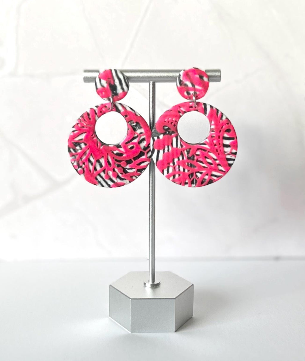 Pink and Black Zebra Earrings, 80's Retro Drop Hoop Clay Dangles, Modern Jewelry Gift