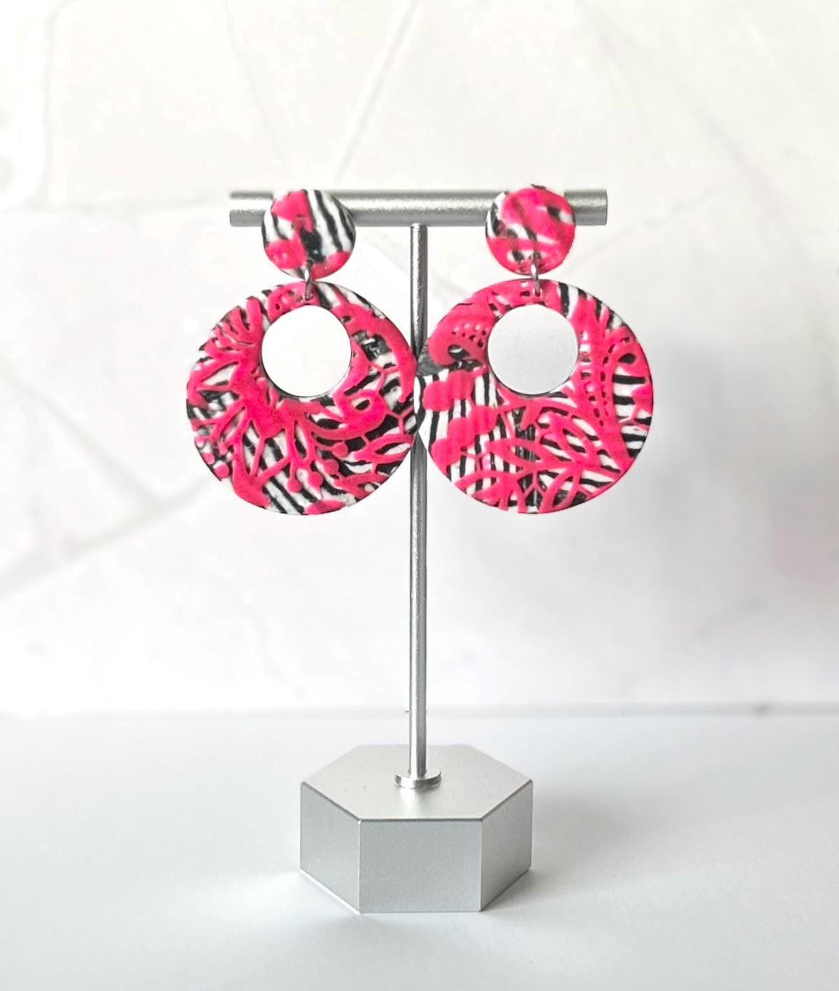 Pink and Black Zebra Earrings, 80's Retro Drop Hoop Clay Dangles, Modern Jewelry Gift