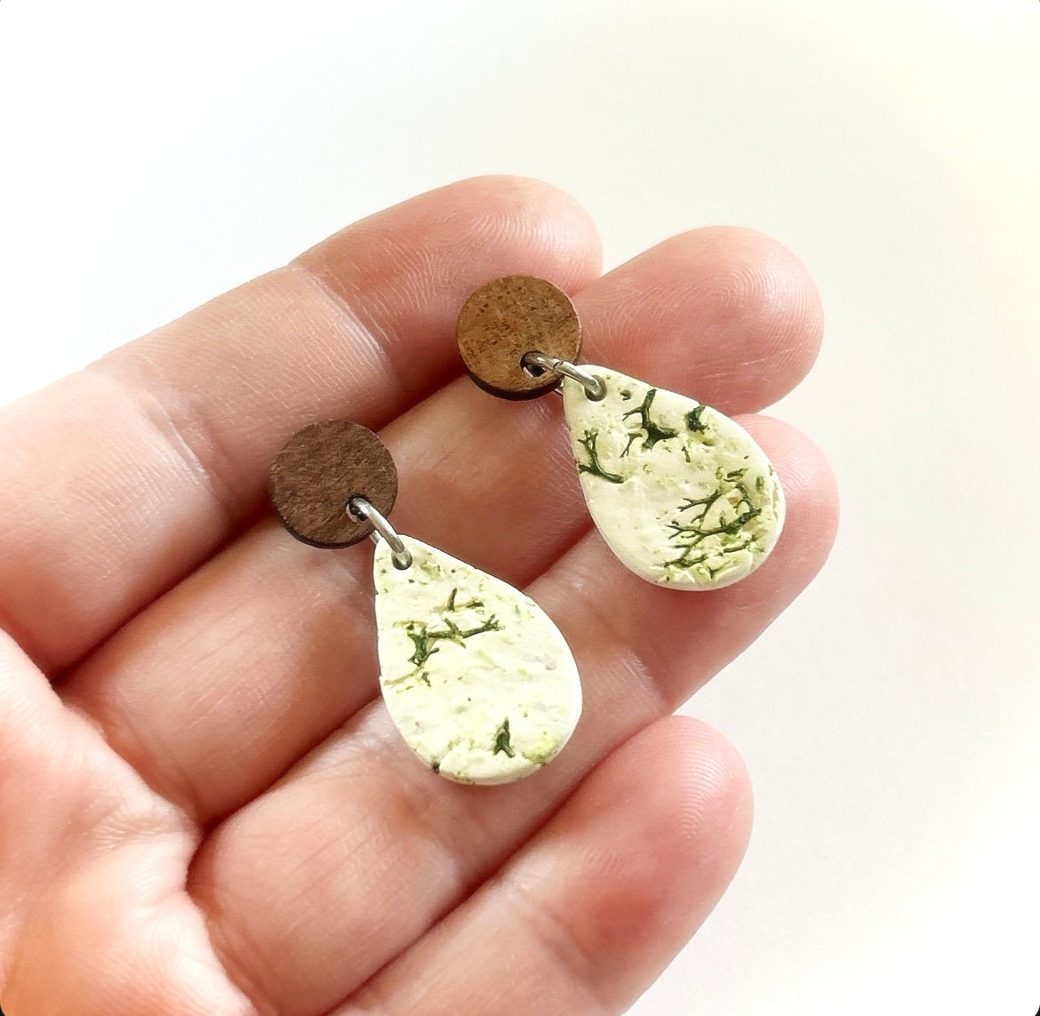 Nature Inspired Moss Earrings, Clay and Wood Drop Dangles, White and Green Lightweight Jewelry