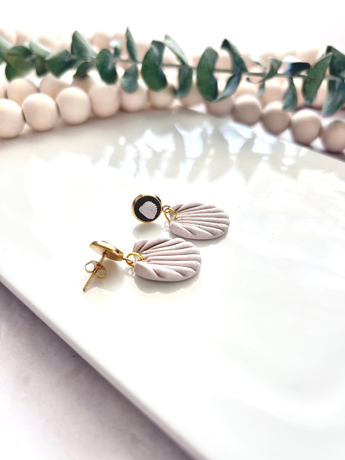 Seashell Earrings, White Clay Beach Wedding Stud Dangles, Boho Jewelry Gift for Bride