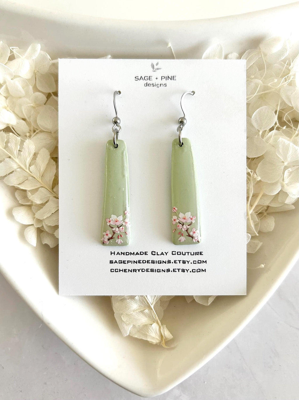 Sage Green Cherry Blossom Handmade Clay Dangle Earrings, Drop Dangles, Lightweight Jewelry