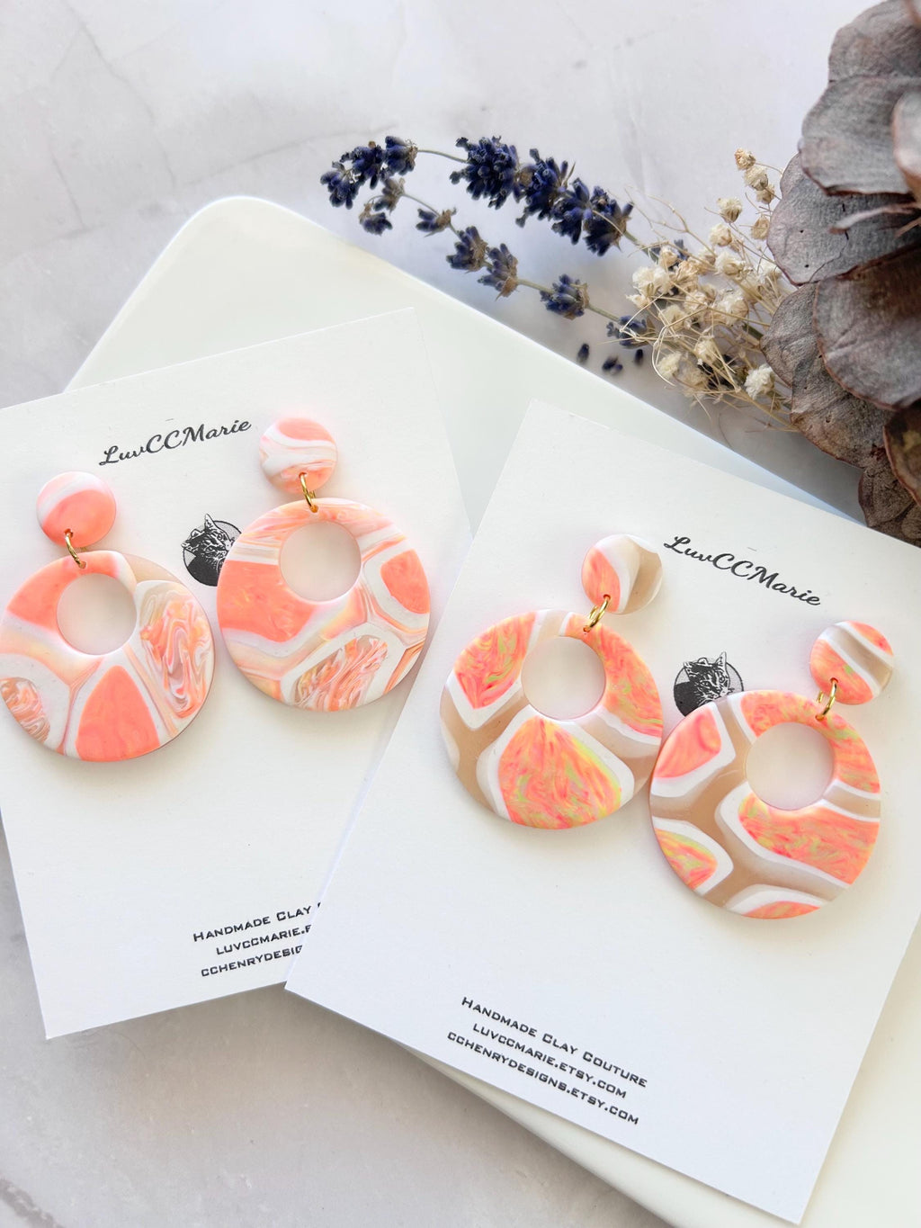 Coral Tortoiseshell Clay Hoop Earrings: Retro Boho Dangles