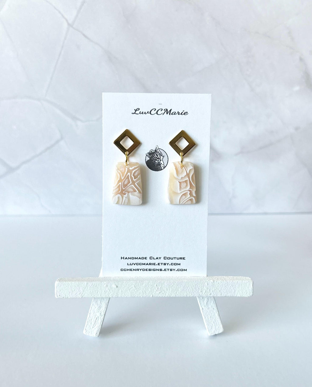 Beige and White Drop Earrings, Neutral Clay Dangles, Abstract Tortoiseshell Handmade Jewelry