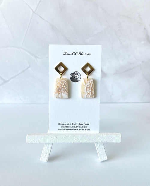 Beige and White Drop Earrings, Neutral Clay Dangles, Abstract Tortoiseshell Handmade Jewelry