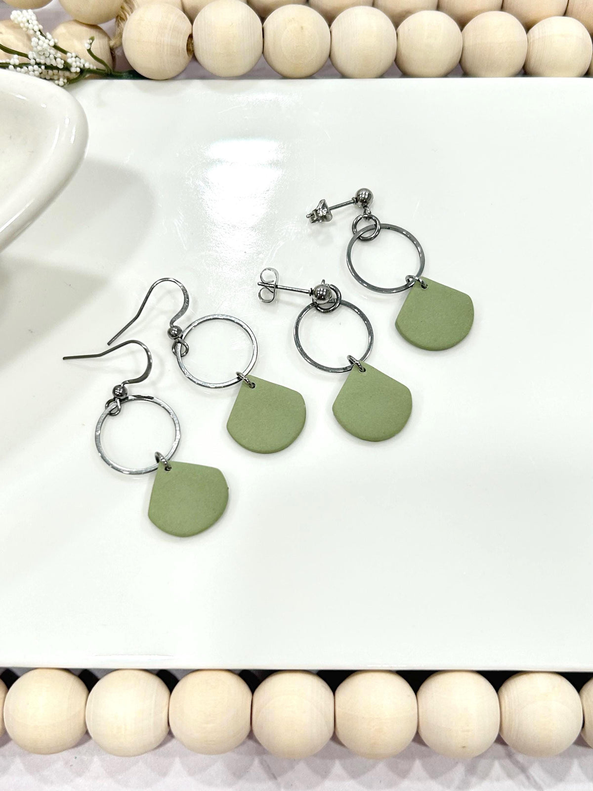 Handmade Sage Green Clay Earrings, Neutral Minimal Hoop Drop Dangles, Boho Jewelry Gift