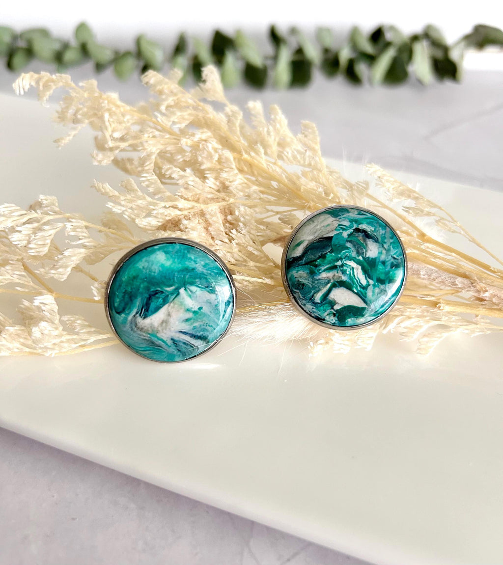 Green Faux Malachite Stone Polymer Clay Ring, Stainless Steel Adjustable Band, Handmade Jewelry