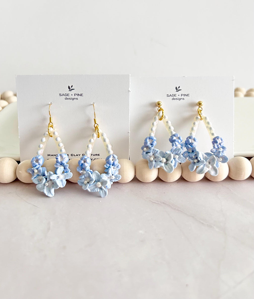 Blue Dangle Flower Earrings, Big Floral Drop Dangles, Iridescent Pearl Unique Statement Jewelry Gift