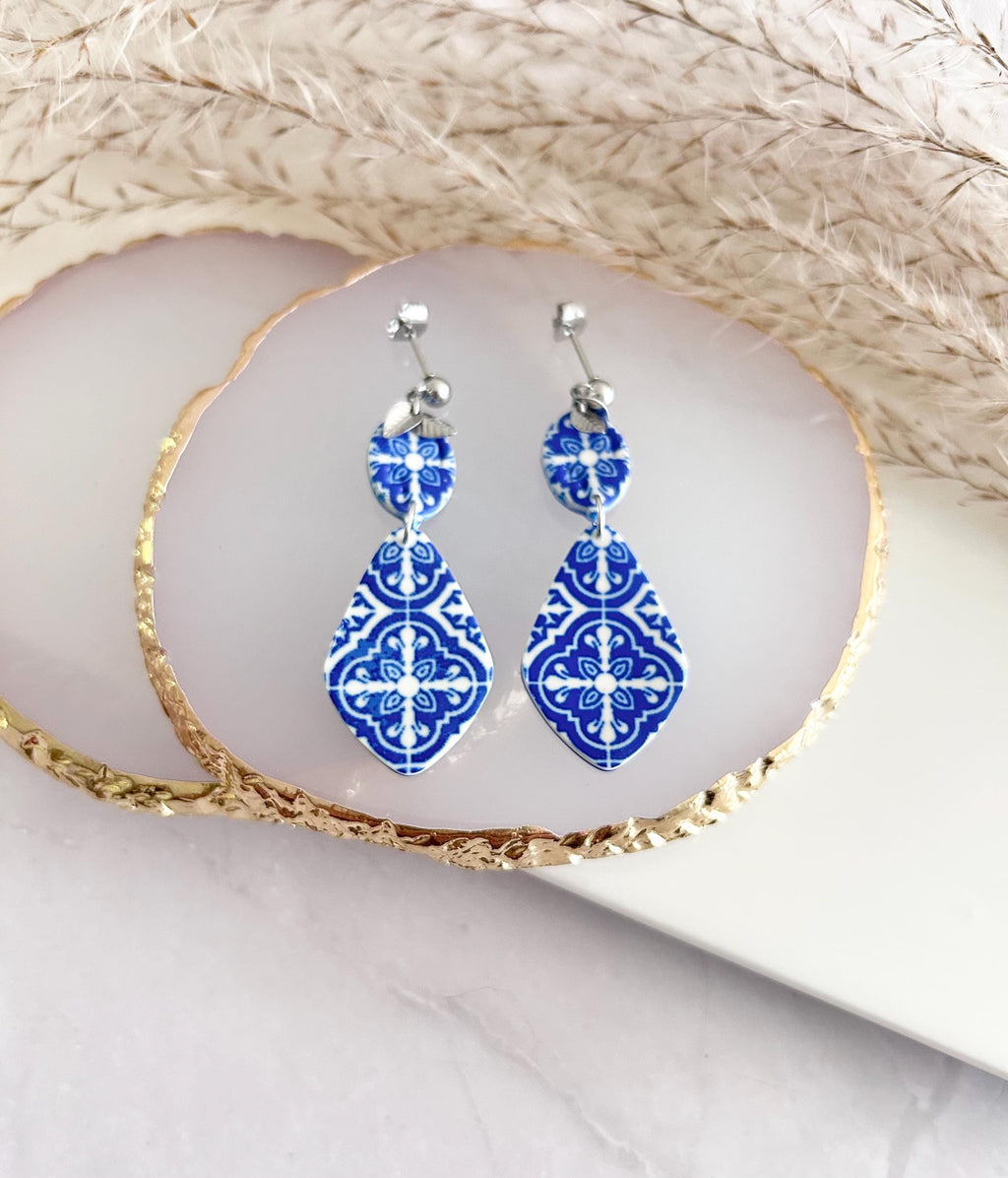 Santorini Earrings, Cobalt Blue Tile Dangles, Handmade Clay Boho Jewelry