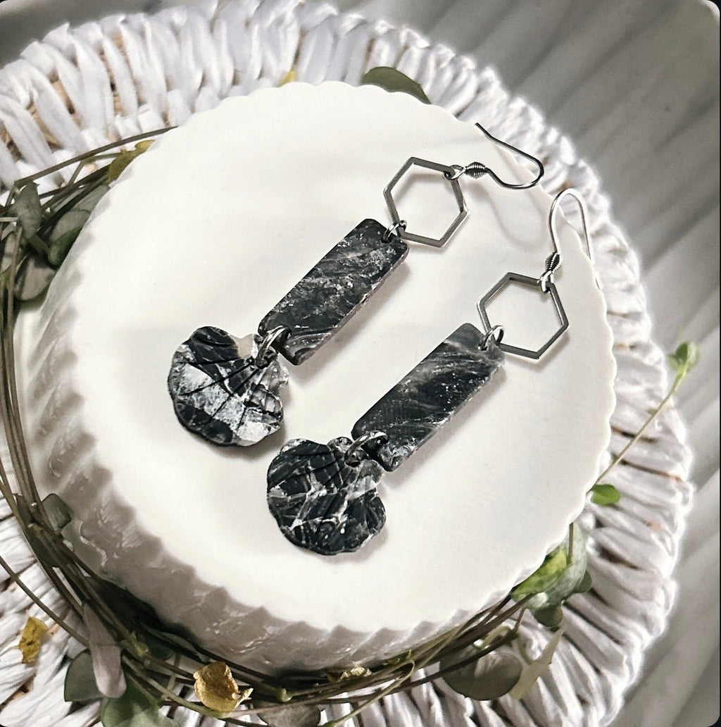Seashell Earrings, Black Beach Dangles, Stainless Steel Long Hexagon Handmade Clay Boho Jewelry