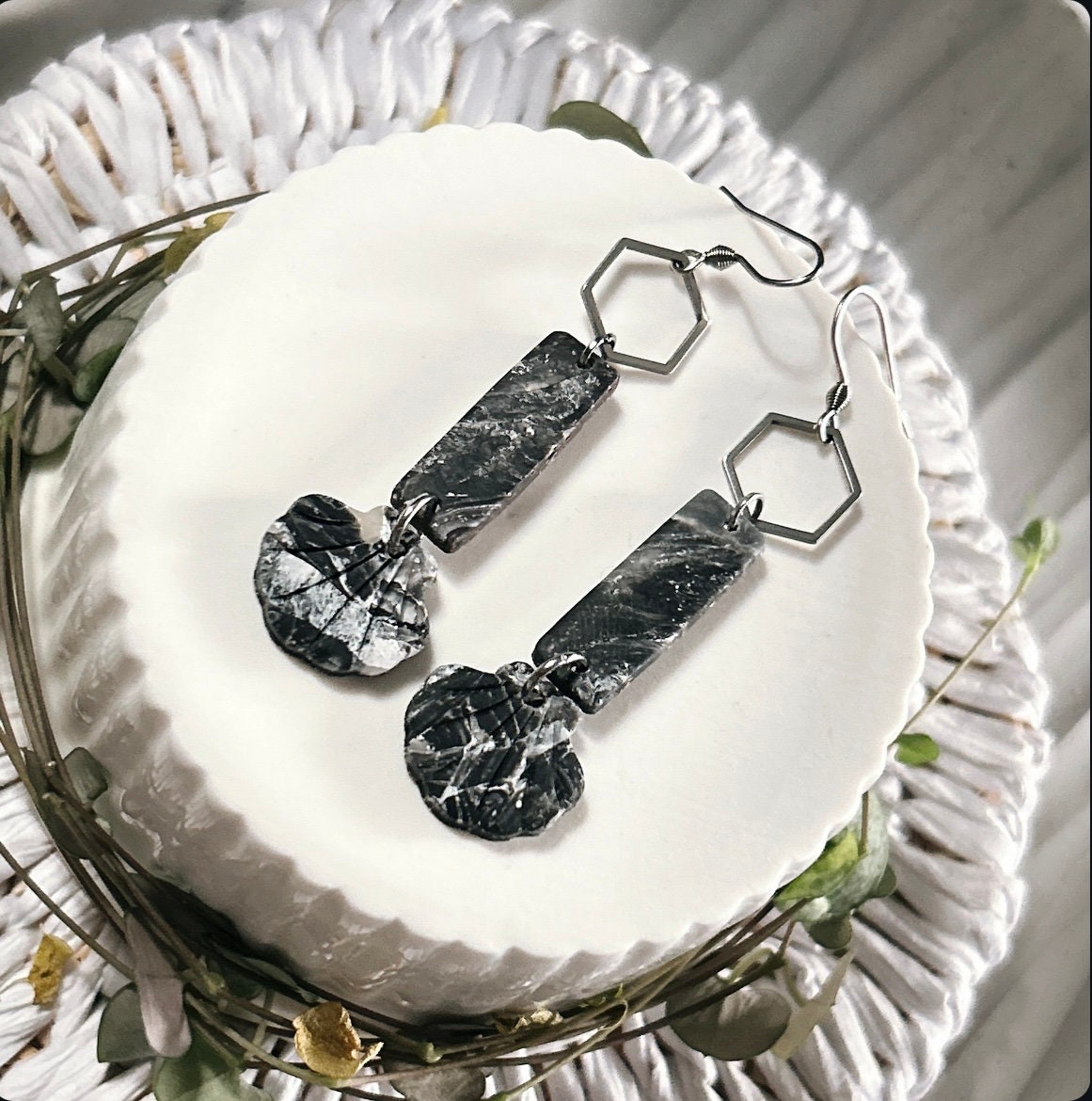 Seashell Earrings, Black Beach Dangles, Stainless Steel Long Hexagon Handmade Clay Boho Jewelry